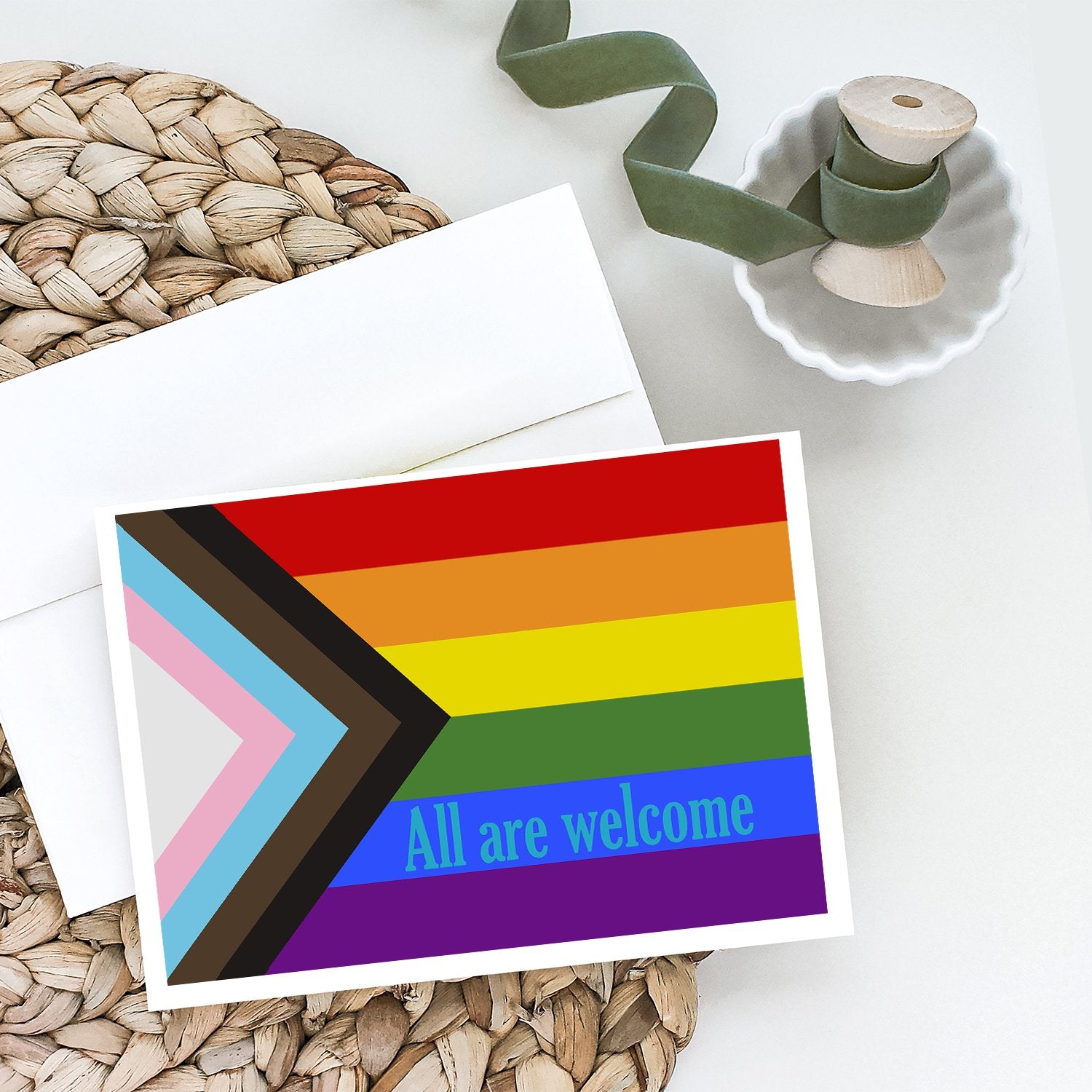 Buy this Gay Pride Progress Pride All are Welcome Greeting Cards and Envelopes Pack of 8