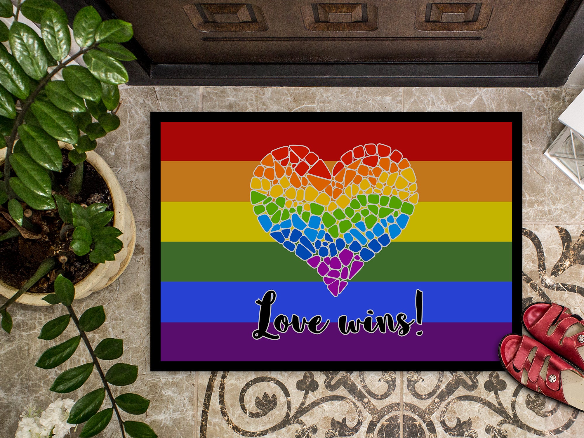 Gay Pride Love Wins Mosaic Heart Indoor or Outdoor Mat 18x27 - the-store.com