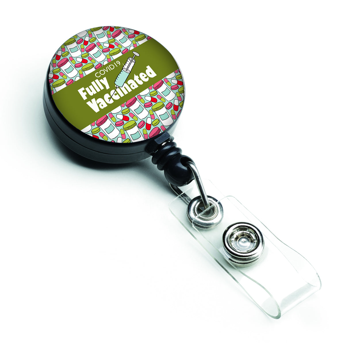 Covid 19 Fully Vaccinated Pills Green Retractable Badge Reel  the-store.com.