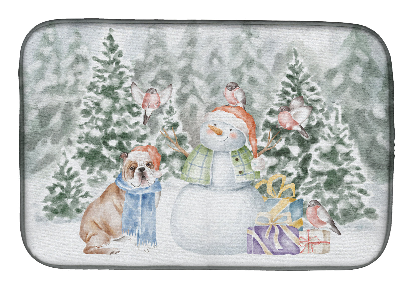 Bulldog Fawn and White with Christmas Presents Dish Drying Mat  the-store.com.