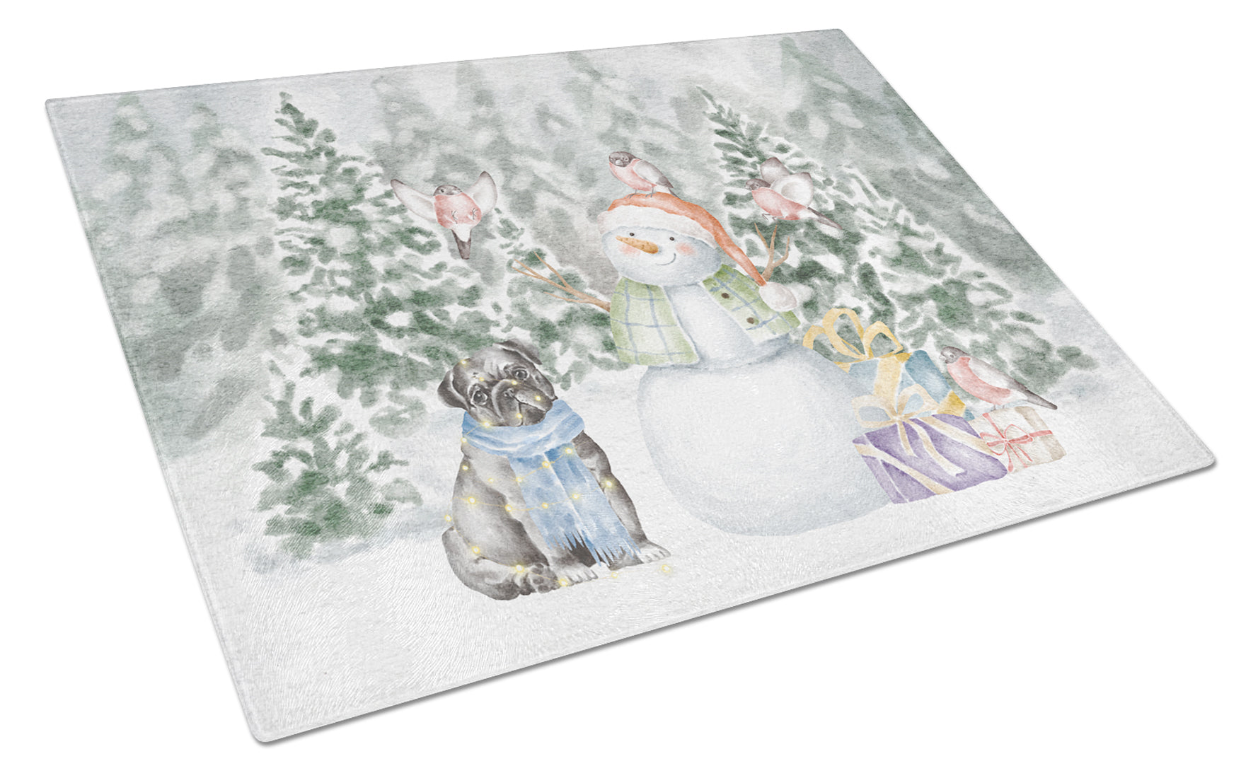 Buy this Pug Black Sitting with Christmas Presents Glass Cutting Board Large