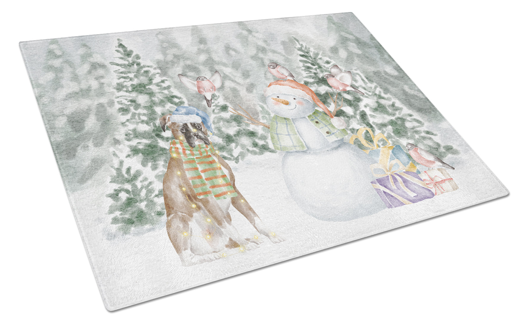 Buy this Boxer Fawn with Christmas Presents Glass Cutting Board Large