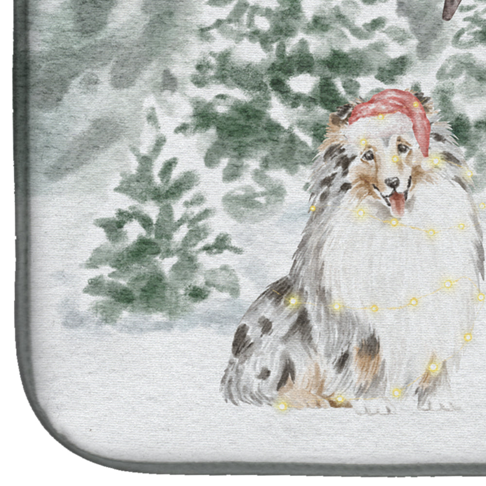 Sheltie/Shetland Sheepdog Blue Merle with Christmas Presents Dish Drying Mat  the-store.com.