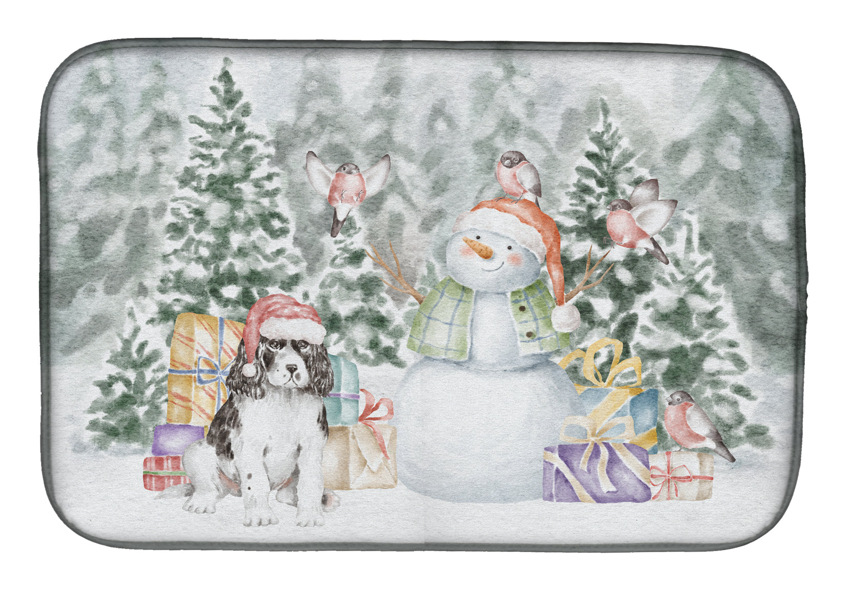 English Springer Spaniel Black and White with Christmas Presents Dish Drying Mat  the-store.com.