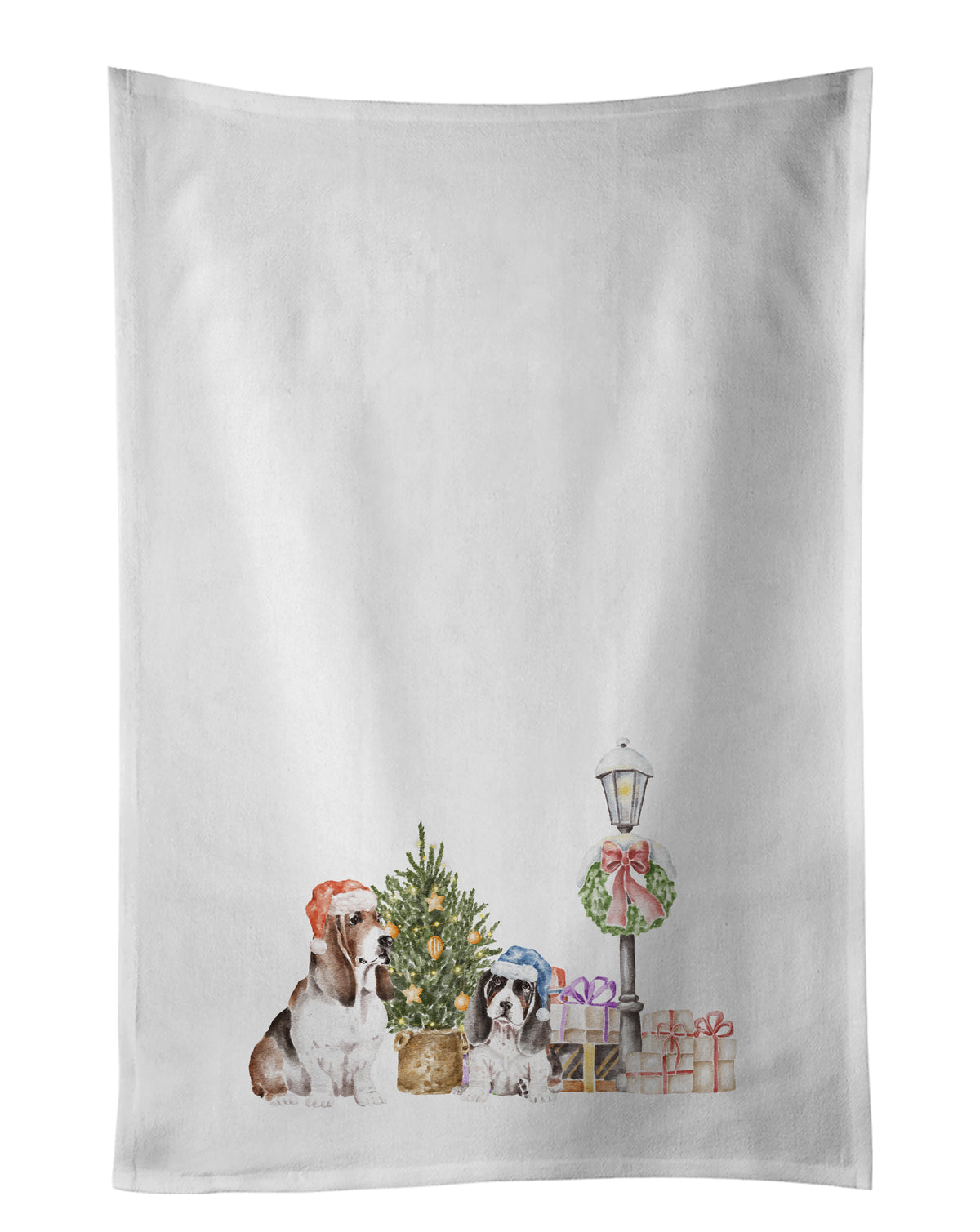 Buy this Basset Hound Tricolor Duo with Christmas Wonderland White Kitchen Towel Set of 2