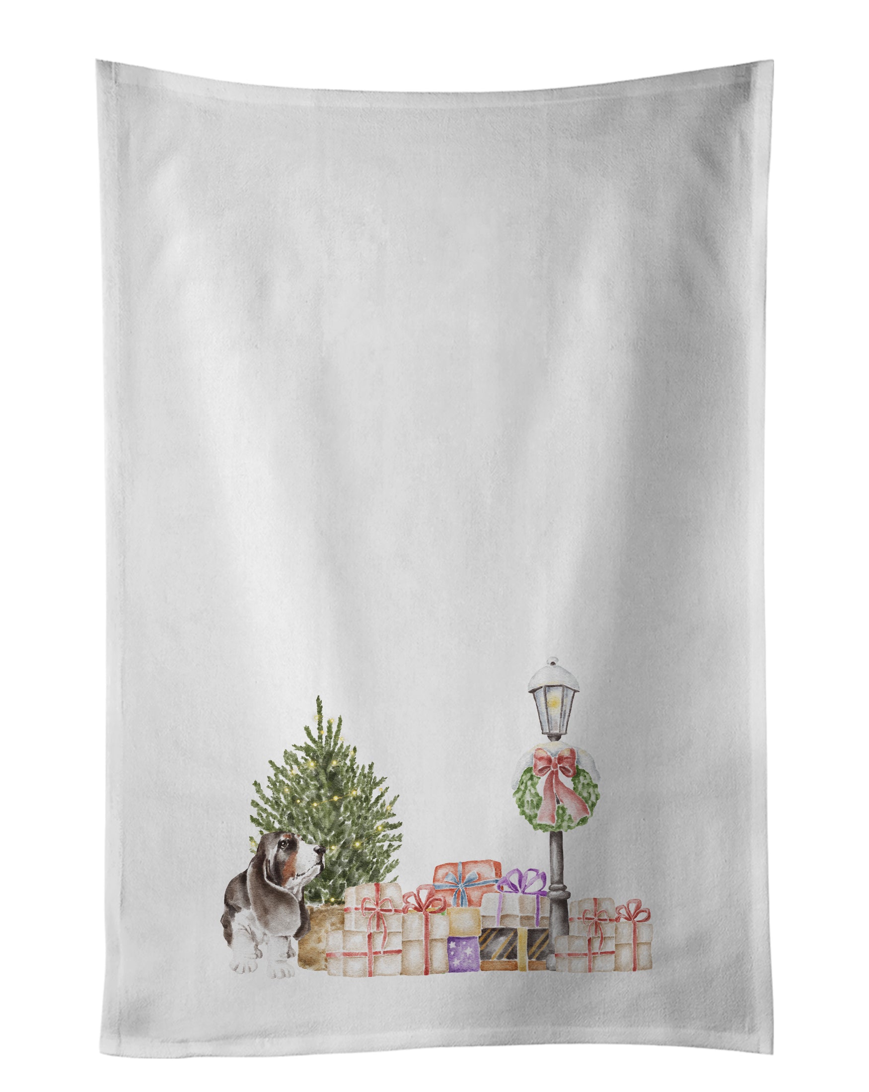 Buy this Basset Hound Tricolor with Christmas Wonderland White Kitchen Towel Set of 2