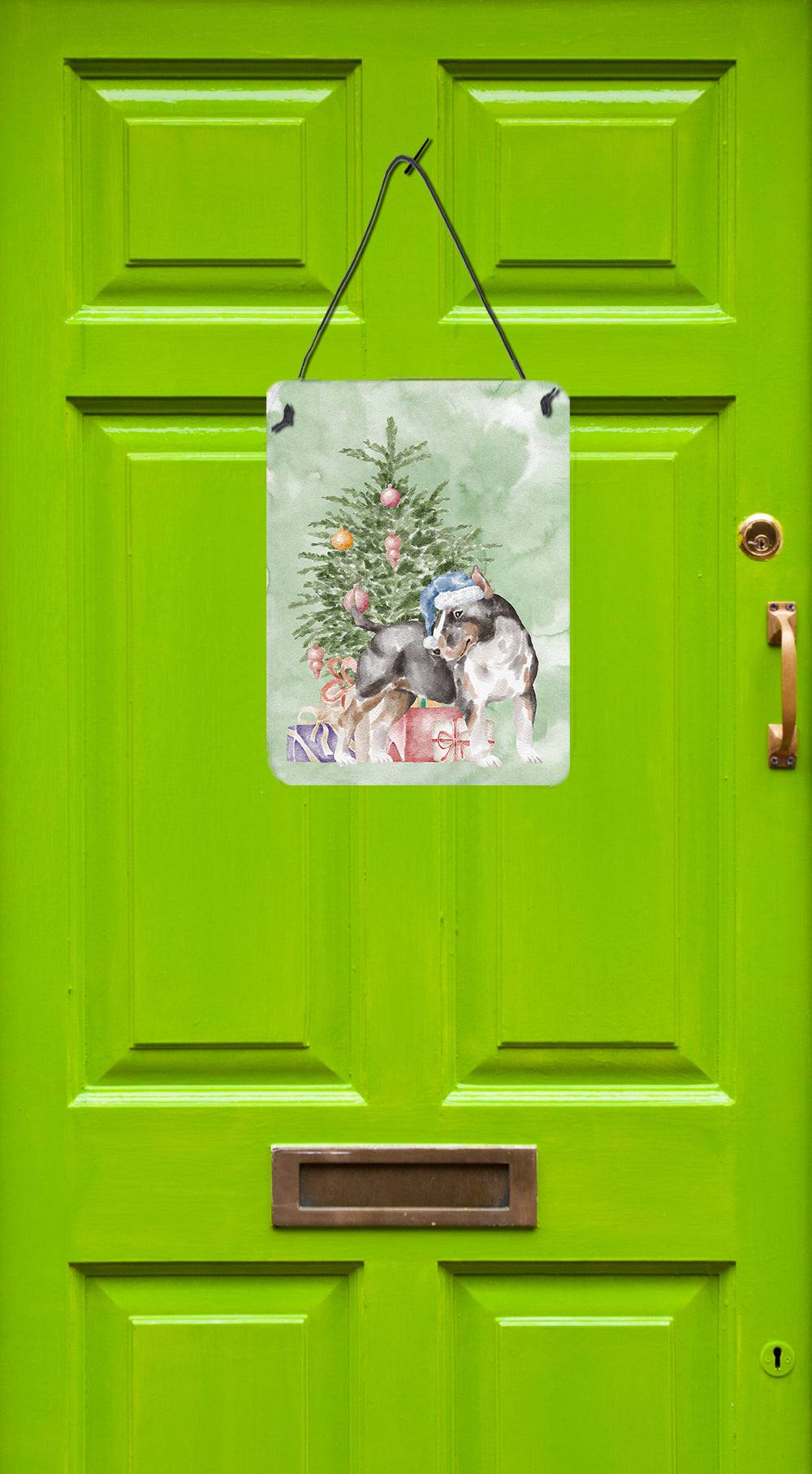 Buy this Christmas Bull Terrier Tricolor Wall or Door Hanging Prints