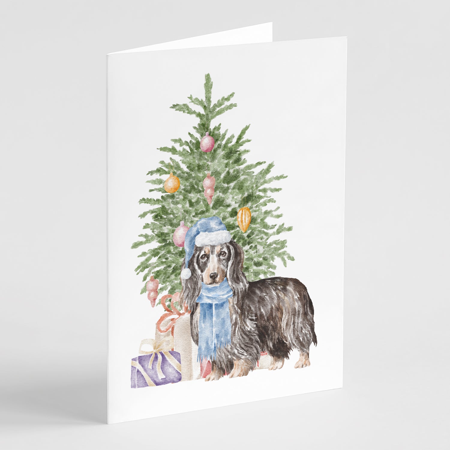 Buy this Christmas Dachshund Longhair Black Tan Greeting Cards and Envelopes Pack of 8