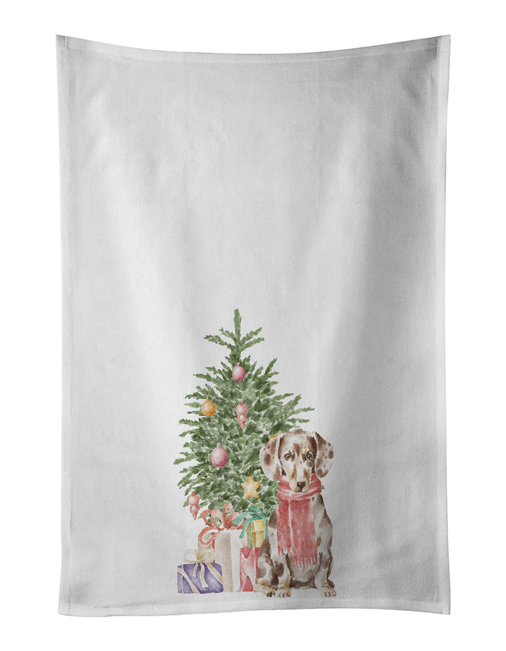 Buy this Dachshund Chocolate Piebald Dapple  Christmas Presents and Tree White Kitchen Towel Set of 2