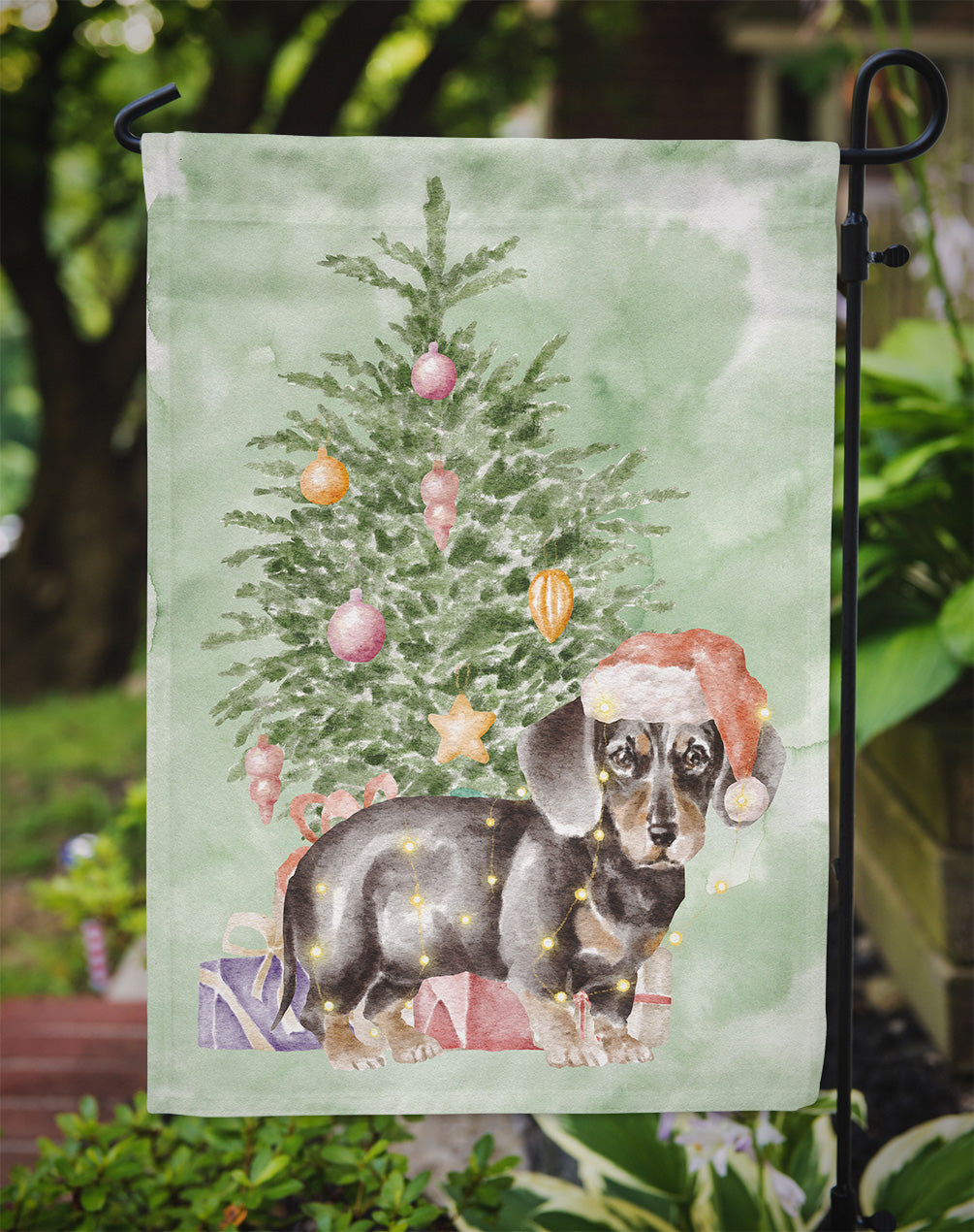 Christmas Dachshund Black Tan Puppy Flag Garden Size  the-store.com.