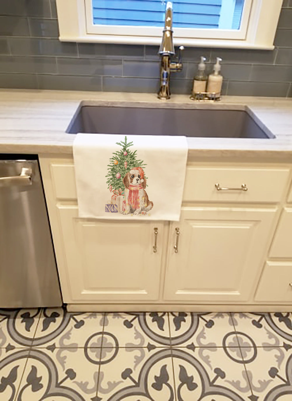 Cavalier Spaniel Tricolor Blenheim Puppy Christmas Presents and Tree White Kitchen Towel Set of 2 - the-store.com