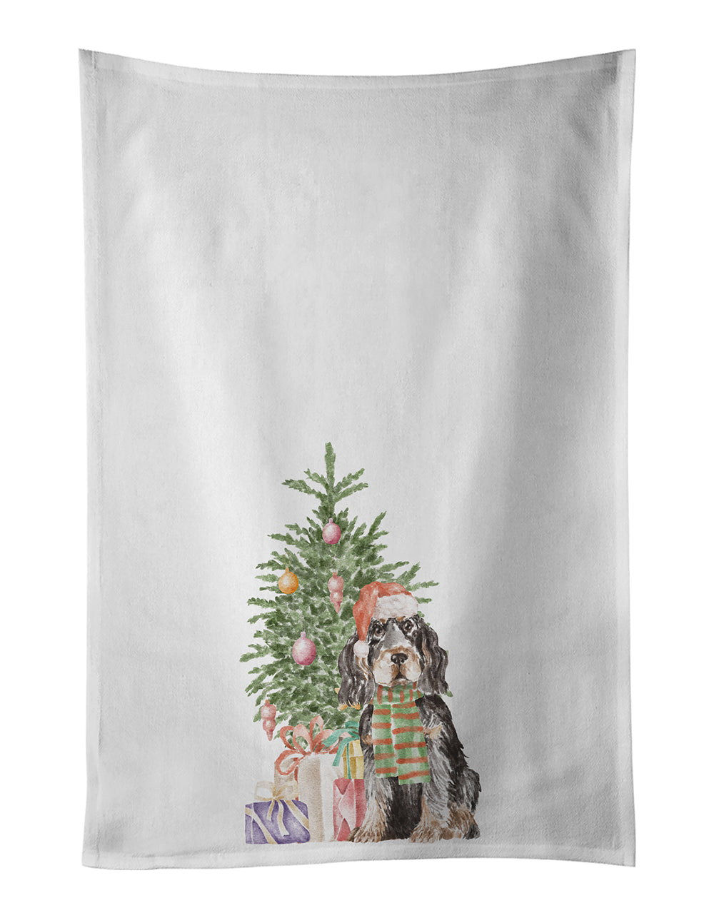 Buy this Cocker Spaniel English Black Tan Christmas Presents and Tree White Kitchen Towel Set of 2