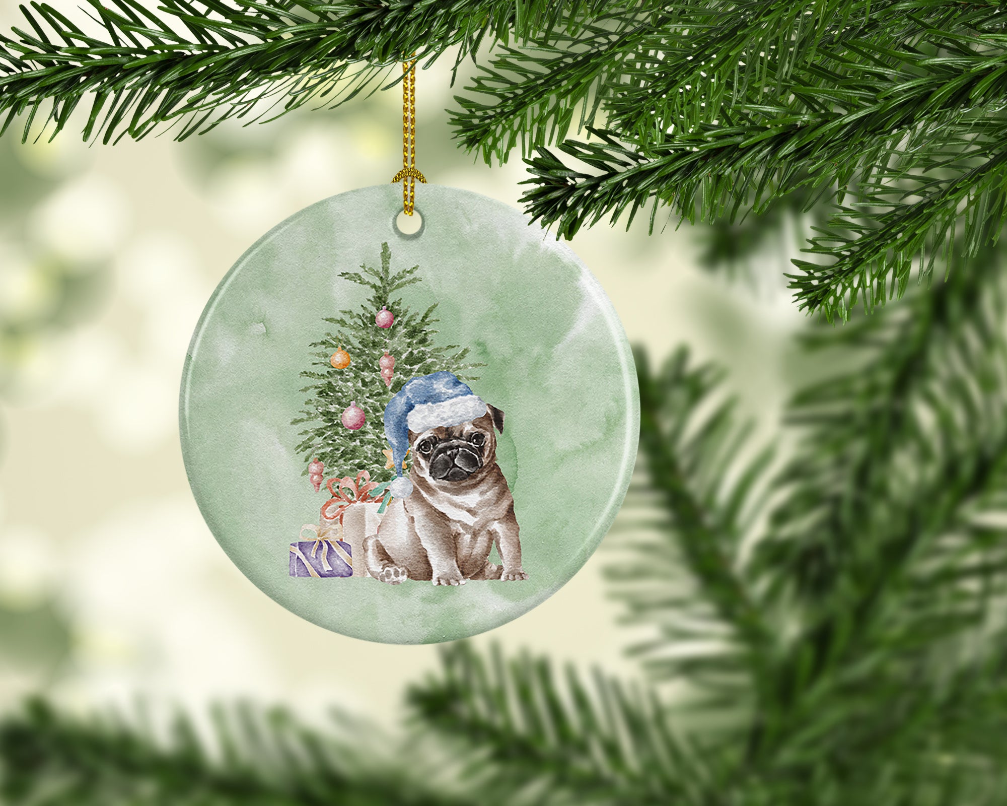 Christmas Fawn Pug Puppy Ceramic Ornament - the-store.com