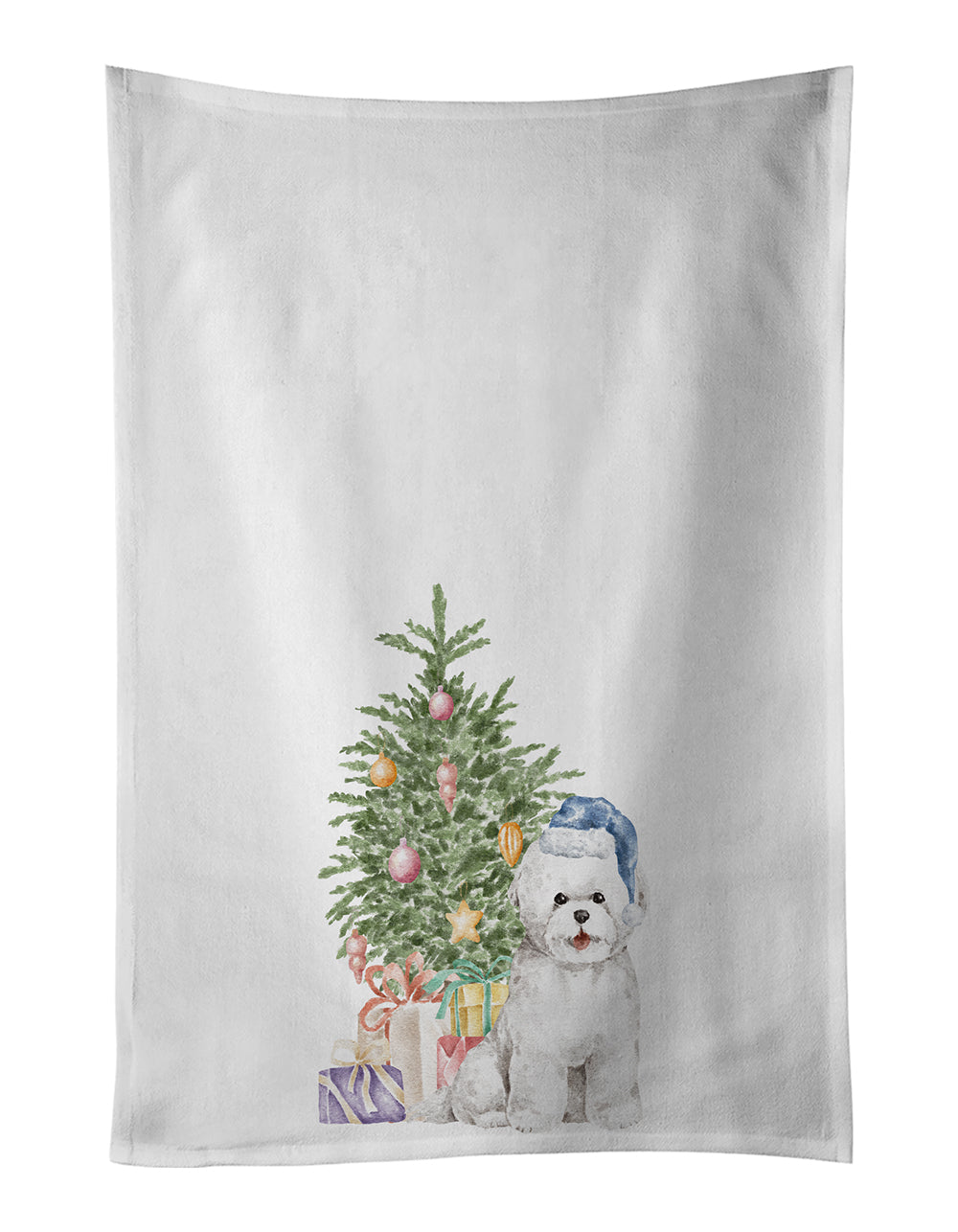 Buy this Bichon Frise Blue Hat Christmas Presents and Tree White Kitchen Towel Set of 2