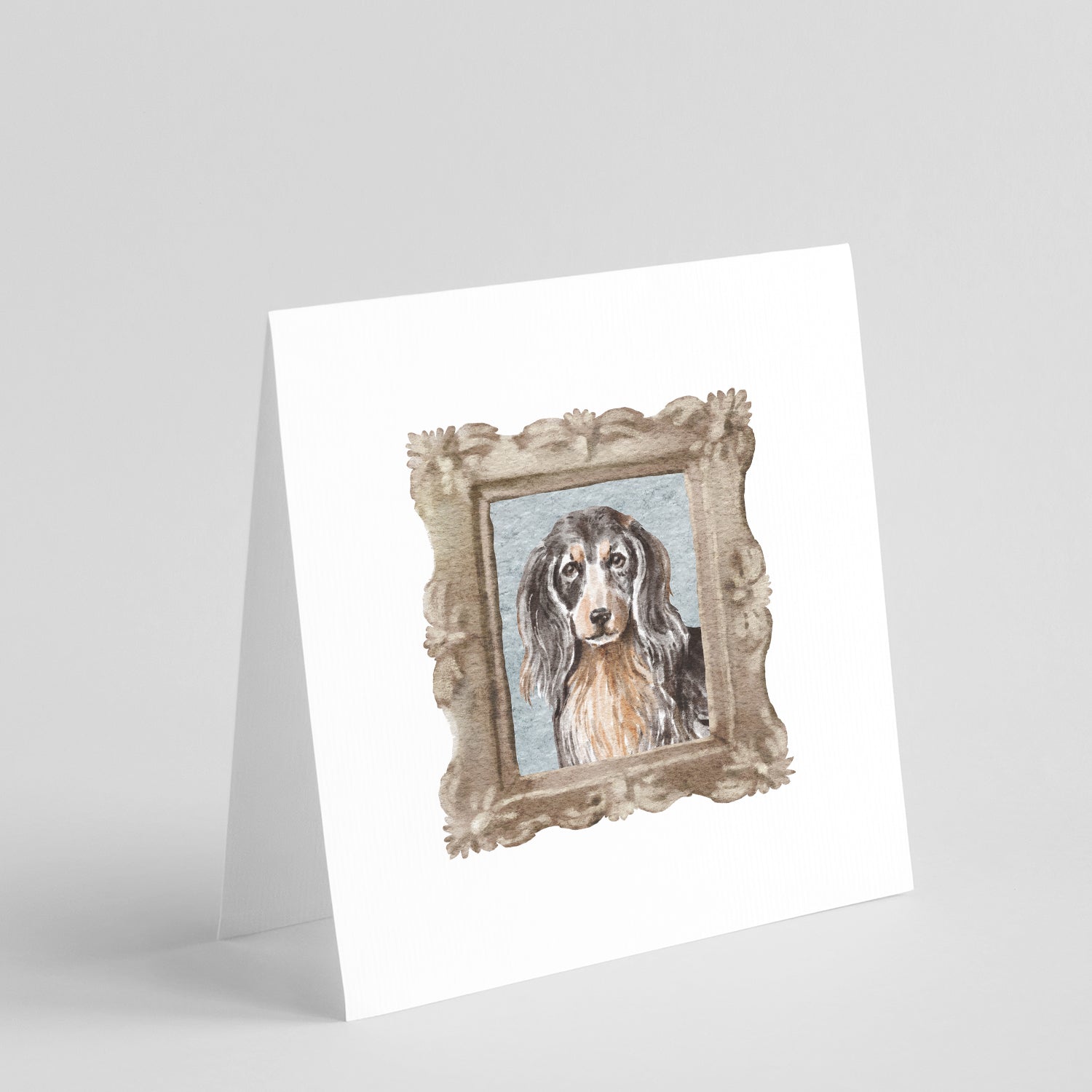 Buy this Dachsund Longhaired Black Tan Front View Square Greeting Cards and Envelopes Pack of 8
