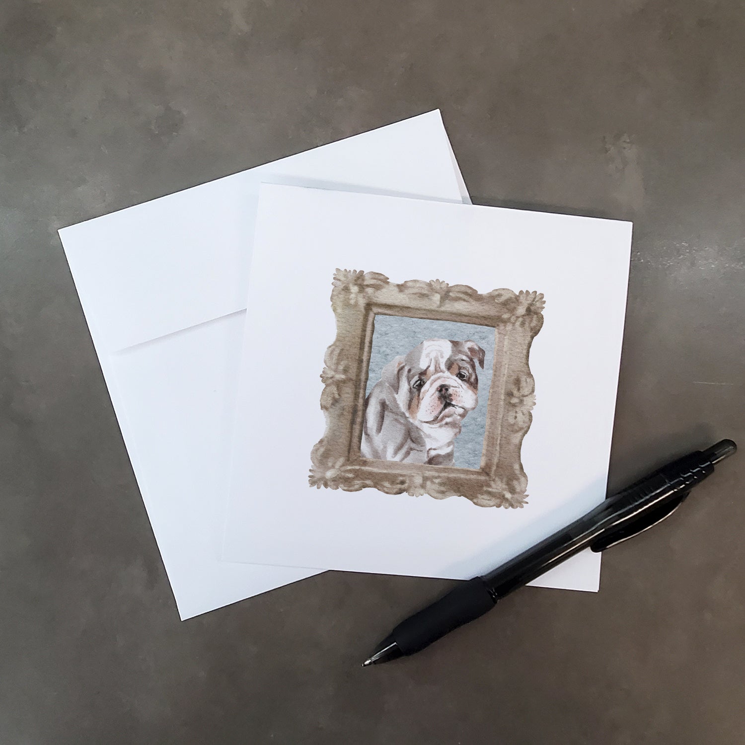 English Bulldog Tricolor Bulldog Puppy Square Greeting Cards and Envelopes Pack of 8 - the-store.com