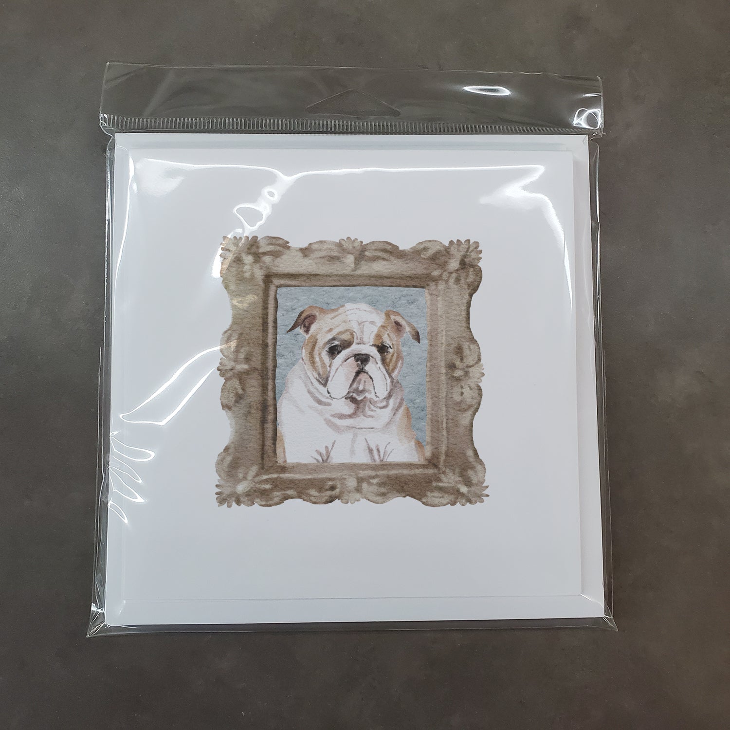 English Bulldog Fawn White Front View Square Greeting Cards and Envelopes Pack of 8 - the-store.com