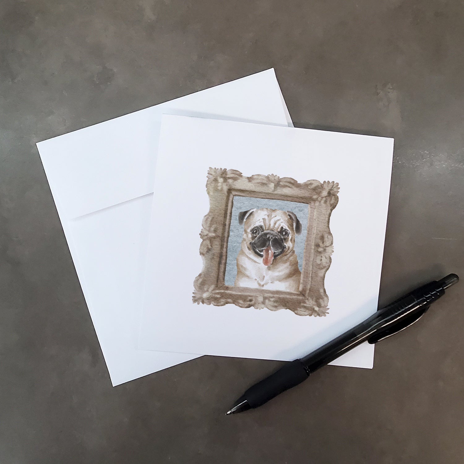 Buy this Pug Fawn Tongue Out Square Greeting Cards and Envelopes Pack of 8