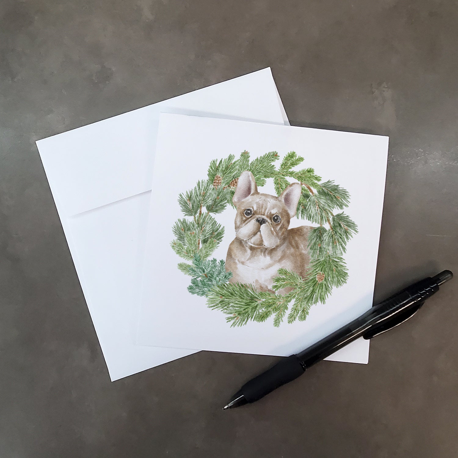 Buy this French Bulldog Fawn with Christmas Wreath Square Greeting Cards and Envelopes Pack of 8