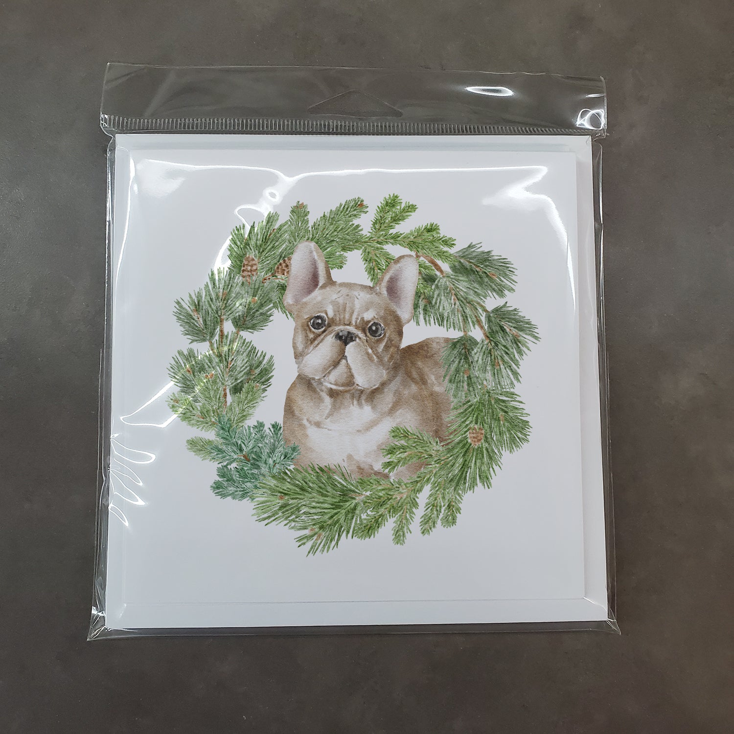 French Bulldog Fawn with Christmas Wreath Square Greeting Cards and Envelopes Pack of 8 - the-store.com