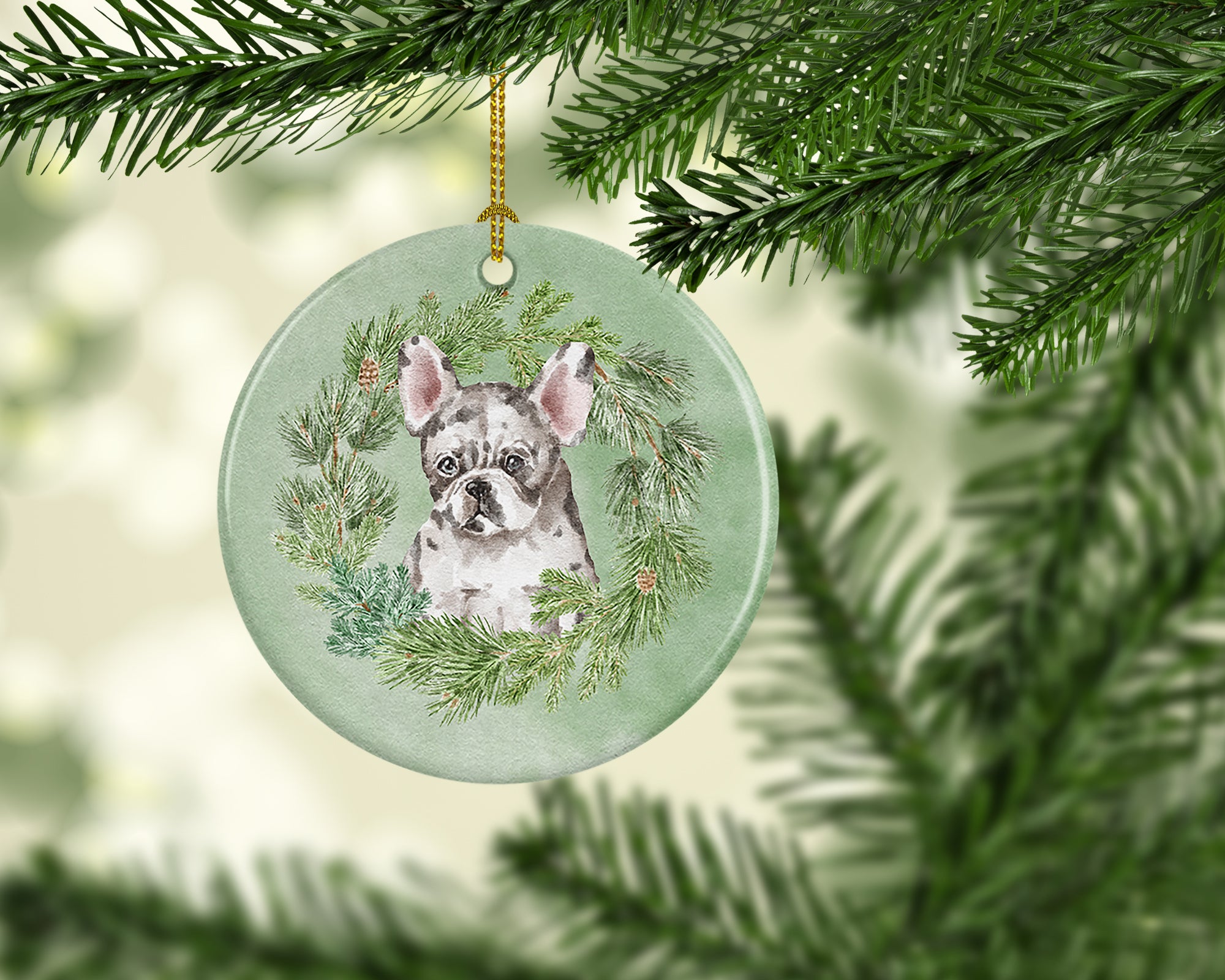 Buy this French Bulldog Puppy Pied Christmas Wreath Ceramic Ornament