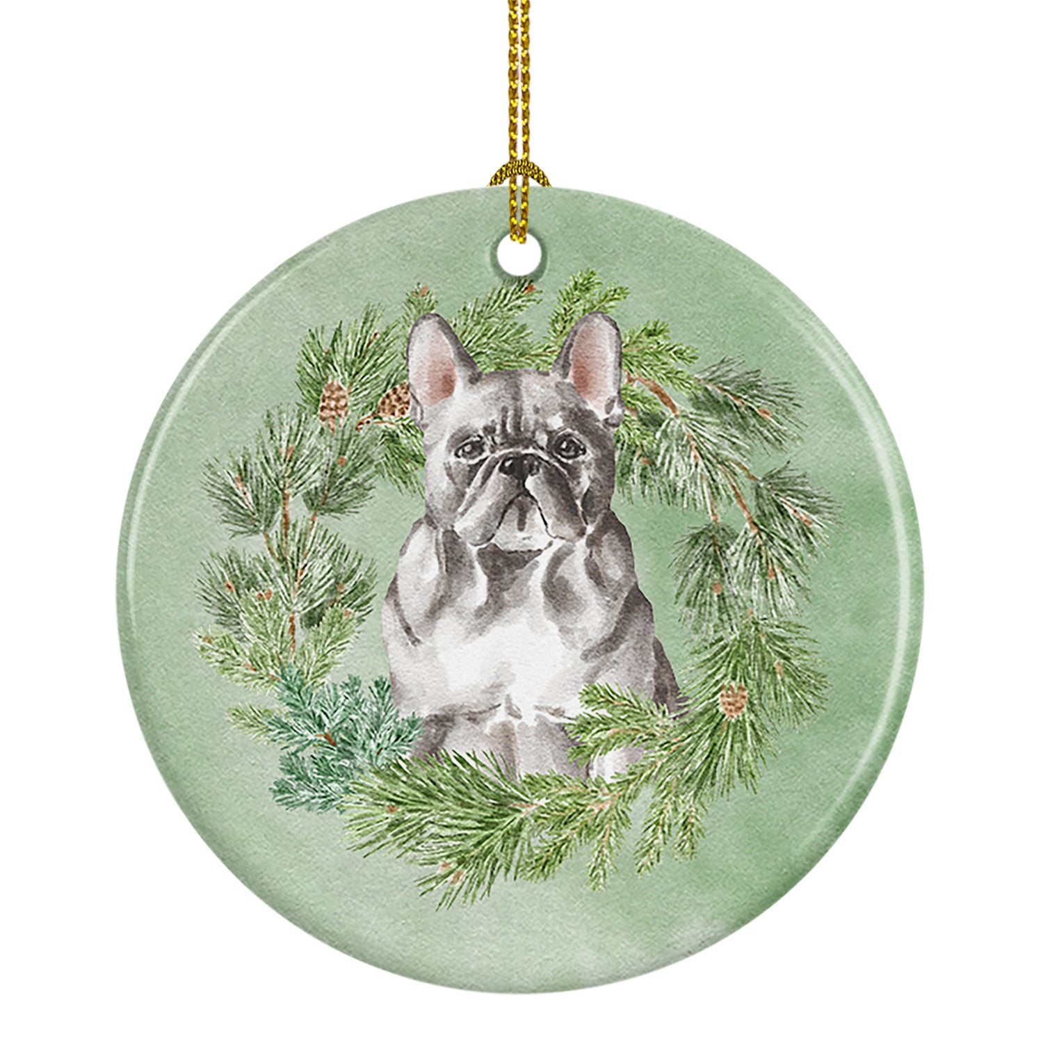 Buy this French Bulldog Blue Christmas Wreath Ceramic Ornament