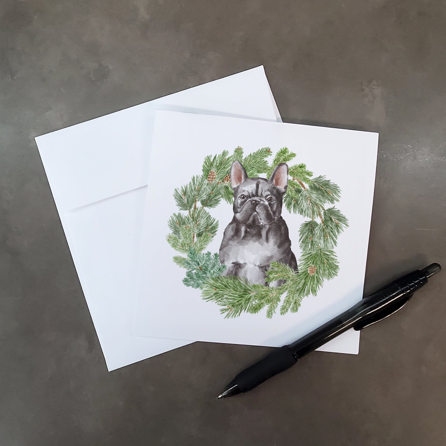 French Bulldog Black with Christmas Wreath Square Greeting Cards and Envelopes Pack of 8 - the-store.com