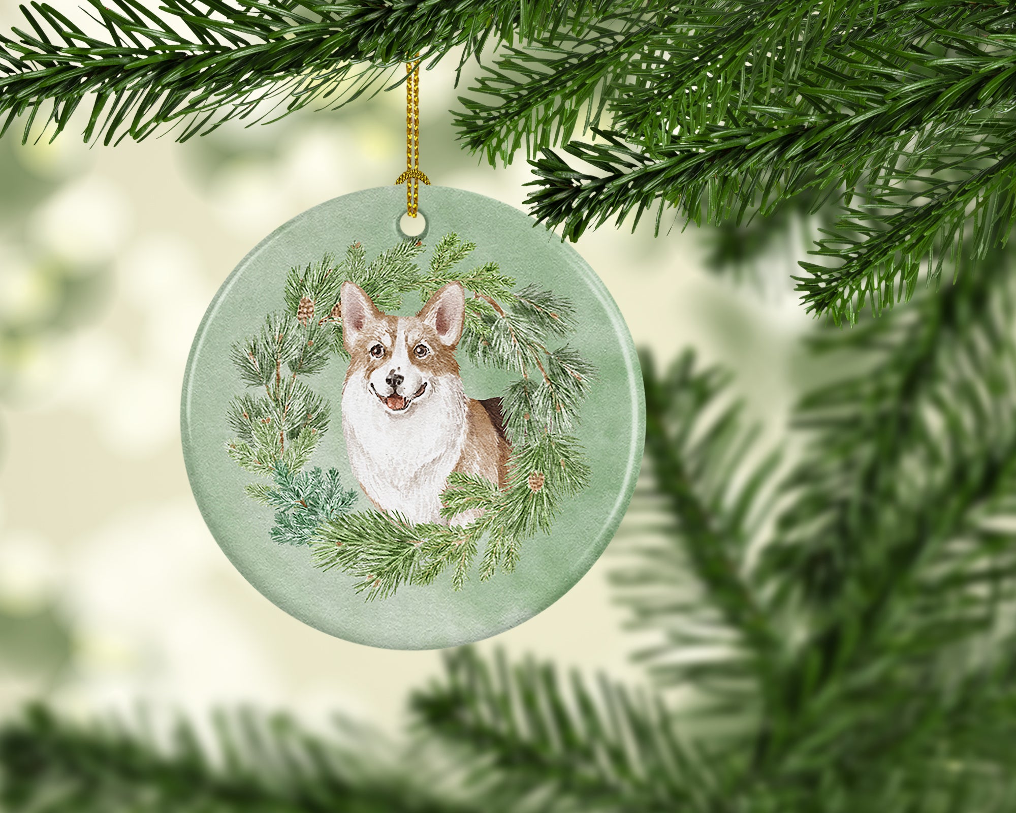 Corgi Tricolor Smiling Christmas Wreath Ceramic Ornament - the-store.com