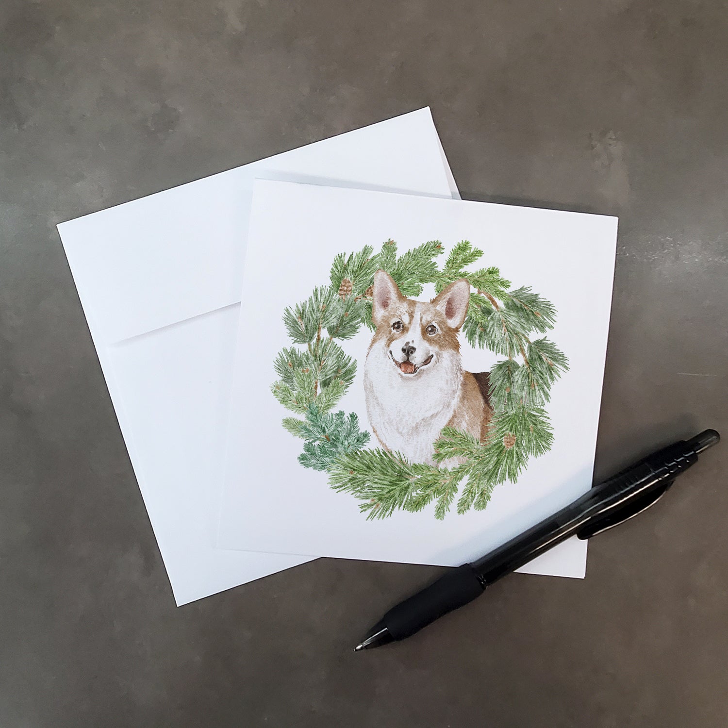 Buy this Corgi Tricolor Smiling with Christmas Wreath Square Greeting Cards and Envelopes Pack of 8