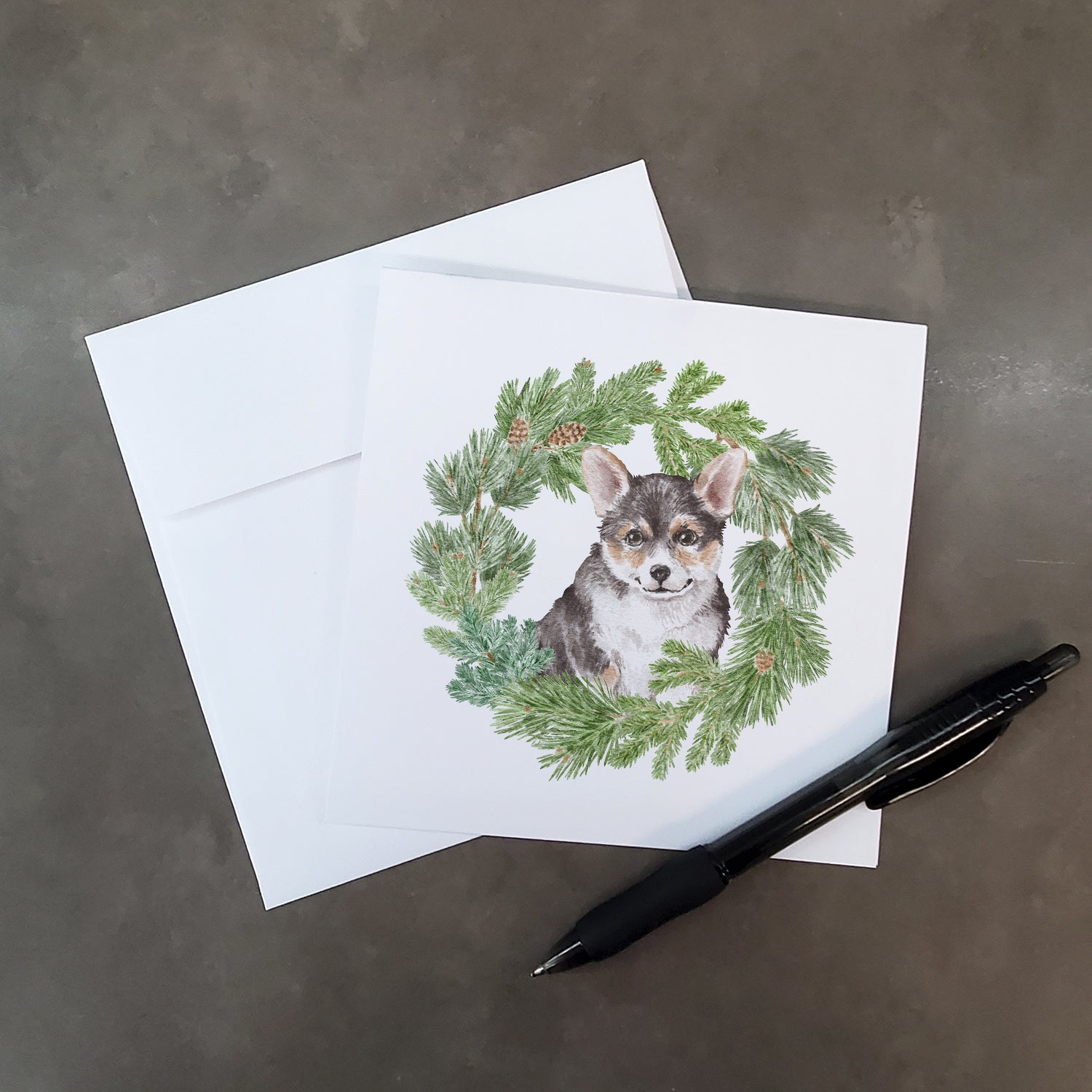 Buy this Corgi Tricolor Puppy with Christmas Wreath Square Greeting Cards and Envelopes Pack of 8
