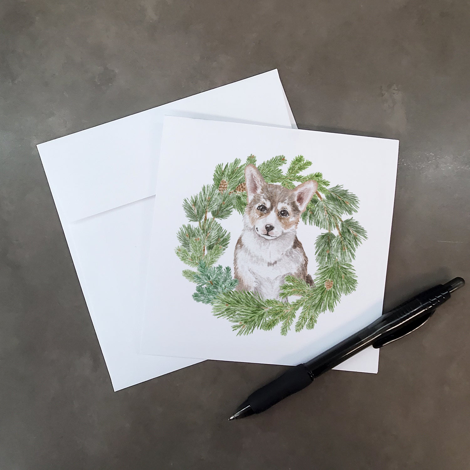 Buy this Corgi Puppy Sable with Christmas Wreath Square Greeting Cards and Envelopes Pack of 8