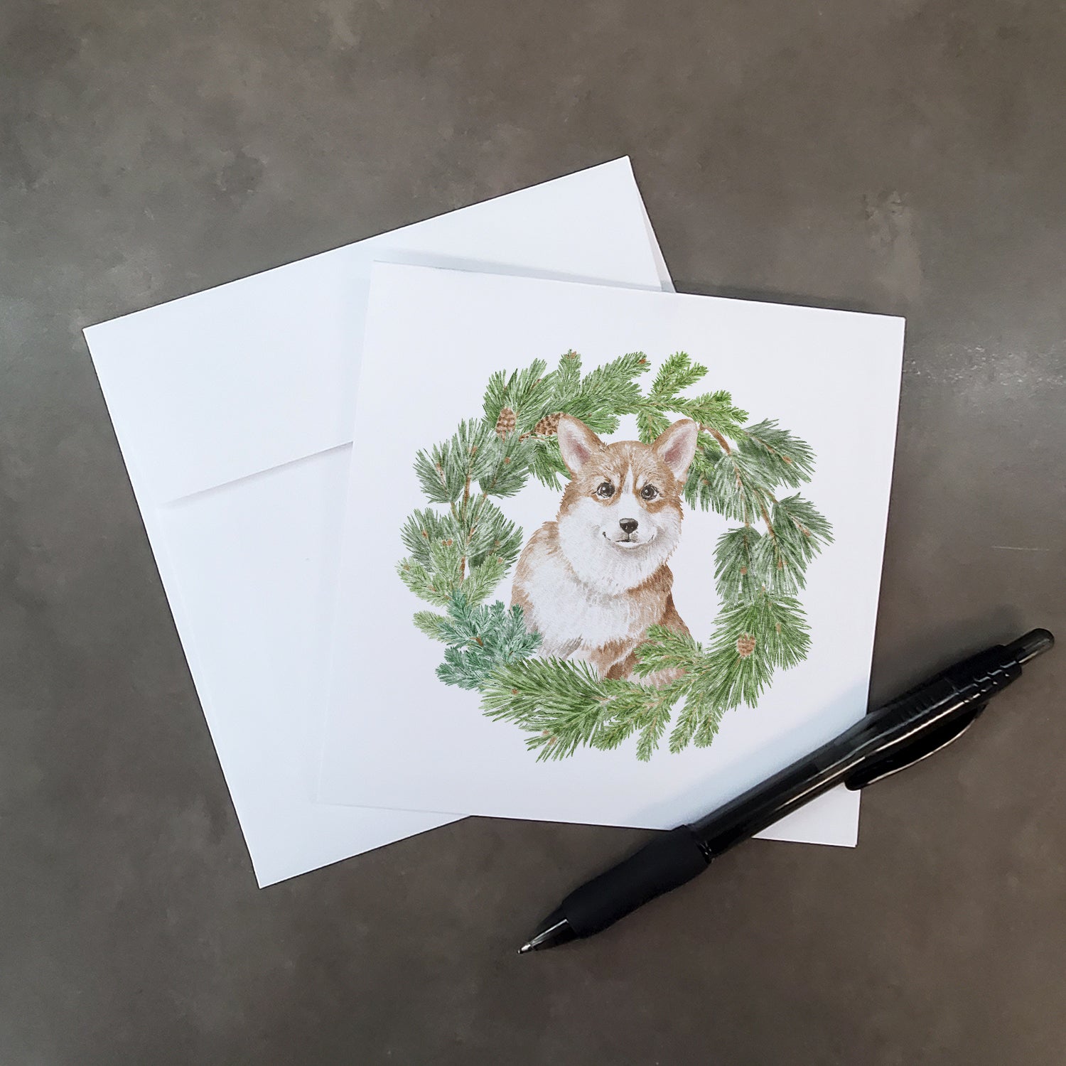 Buy this Corgi Red with Christmas Wreath Square Greeting Cards and Envelopes Pack of 8