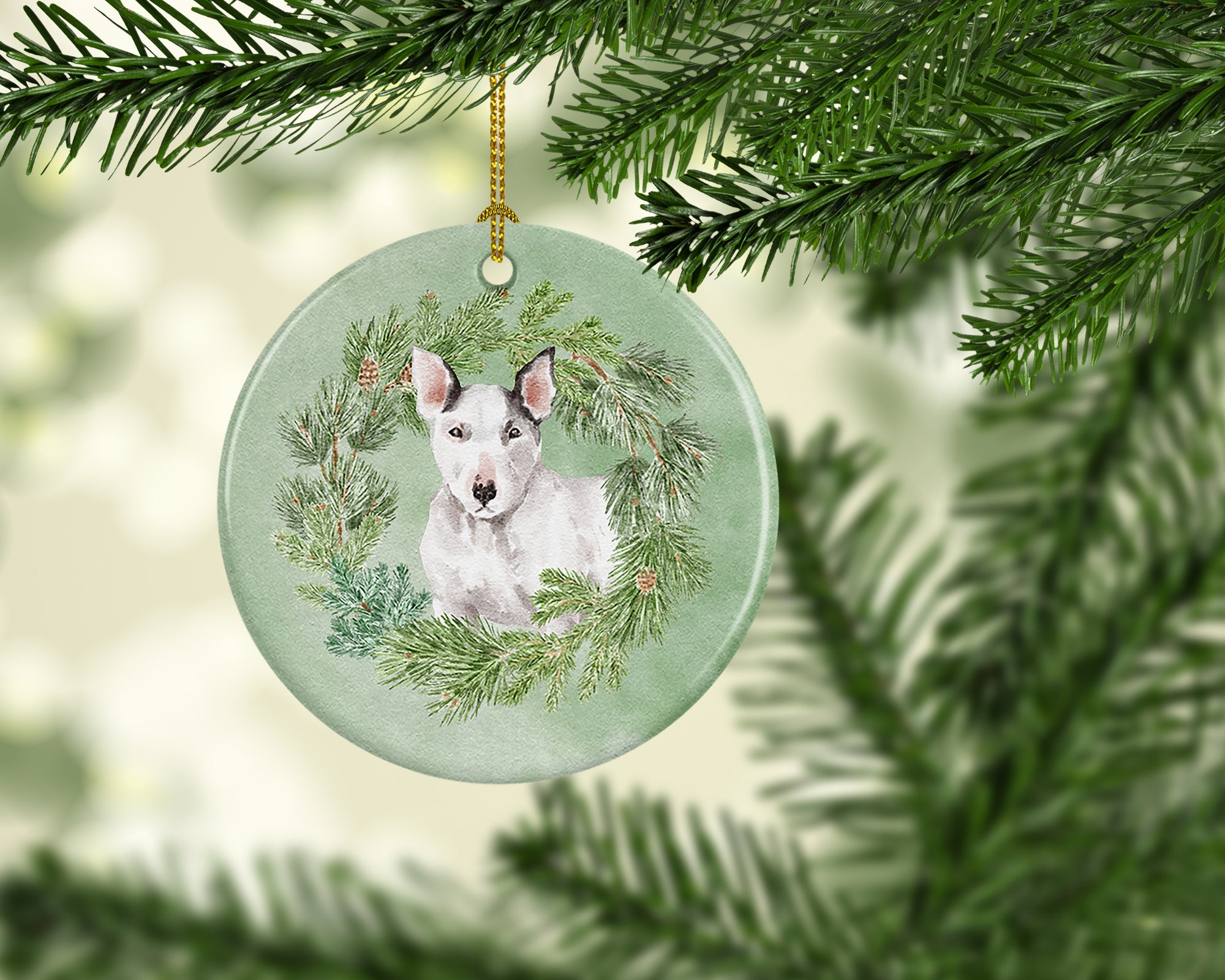 Buy this Bull Terrier White Christmas Wreath Ceramic Ornament