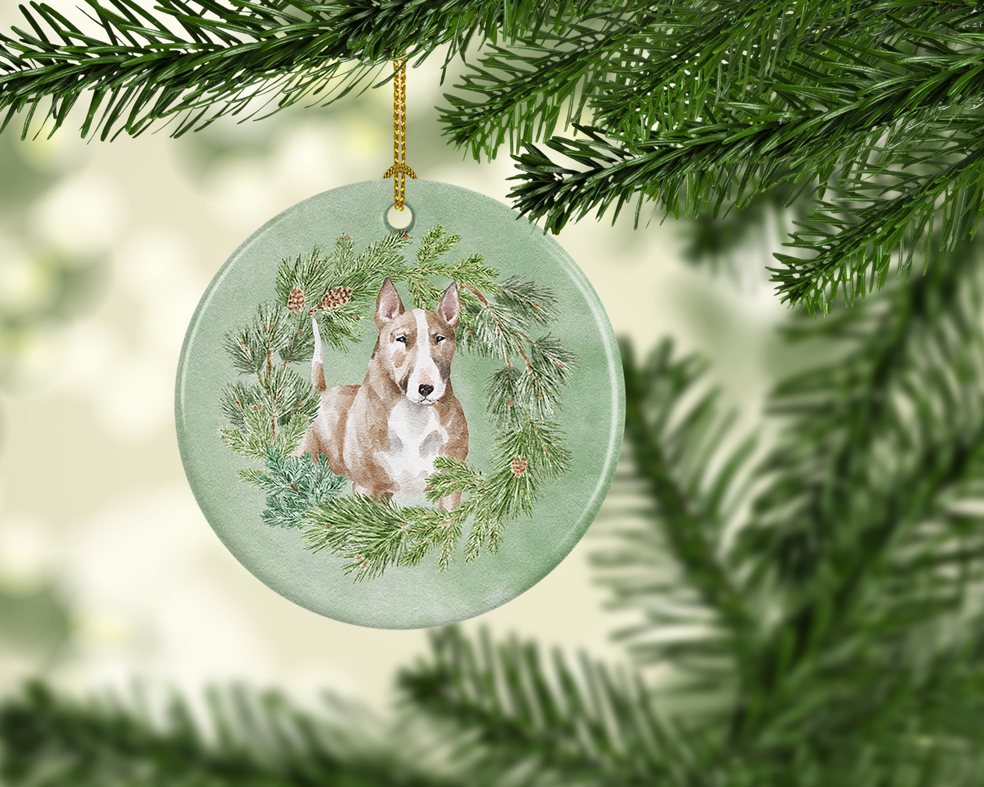 Buy this Bull Terrier Red and White Christmas Wreath Ceramic Ornament