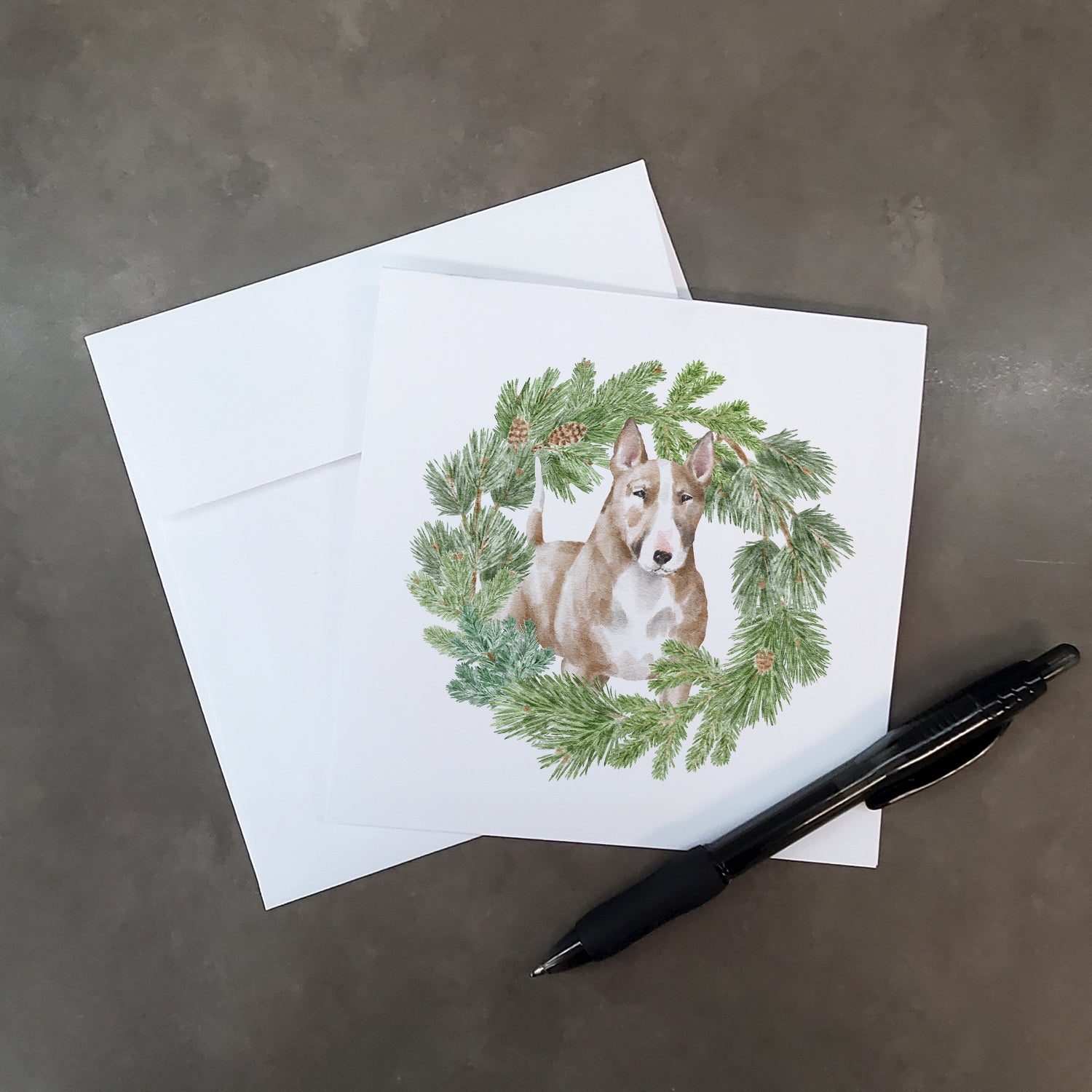 Bull Terrier Red and White with Christmas Wreath Square Greeting Cards and Envelopes Pack of 8 - the-store.com