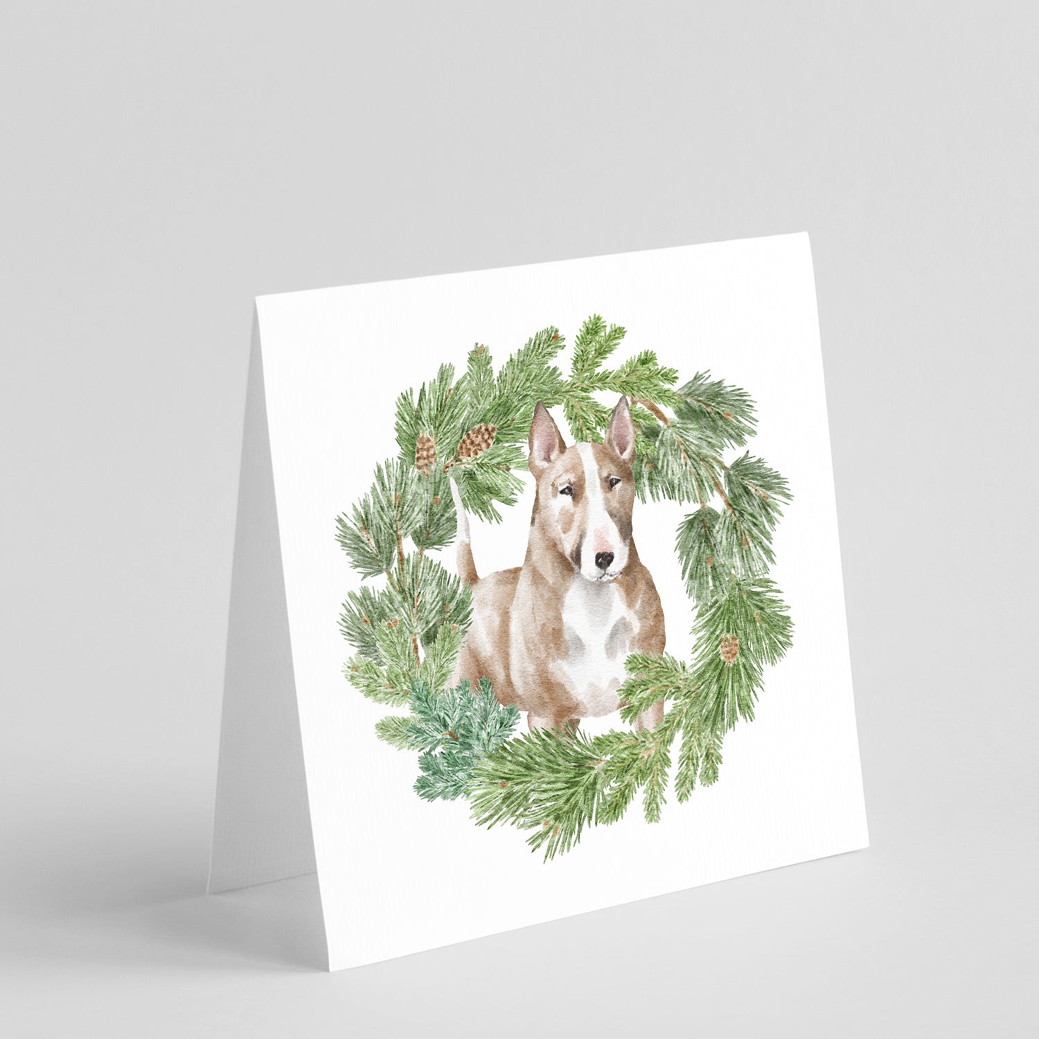 Buy this Bull Terrier Red and White with Christmas Wreath Square Greeting Cards and Envelopes Pack of 8