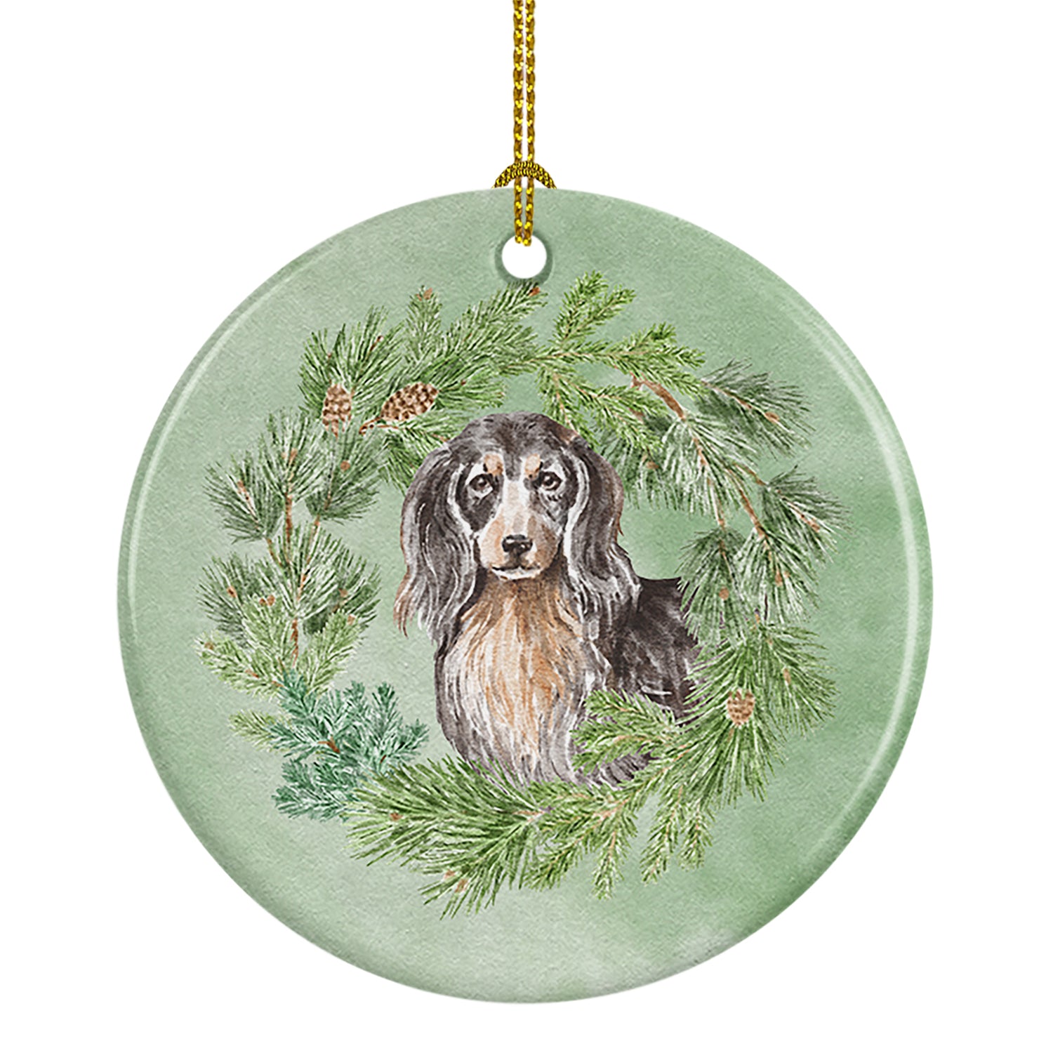 Buy this Dachshund Black and Tan Longhaired  Christmas Wreath Ceramic Ornament