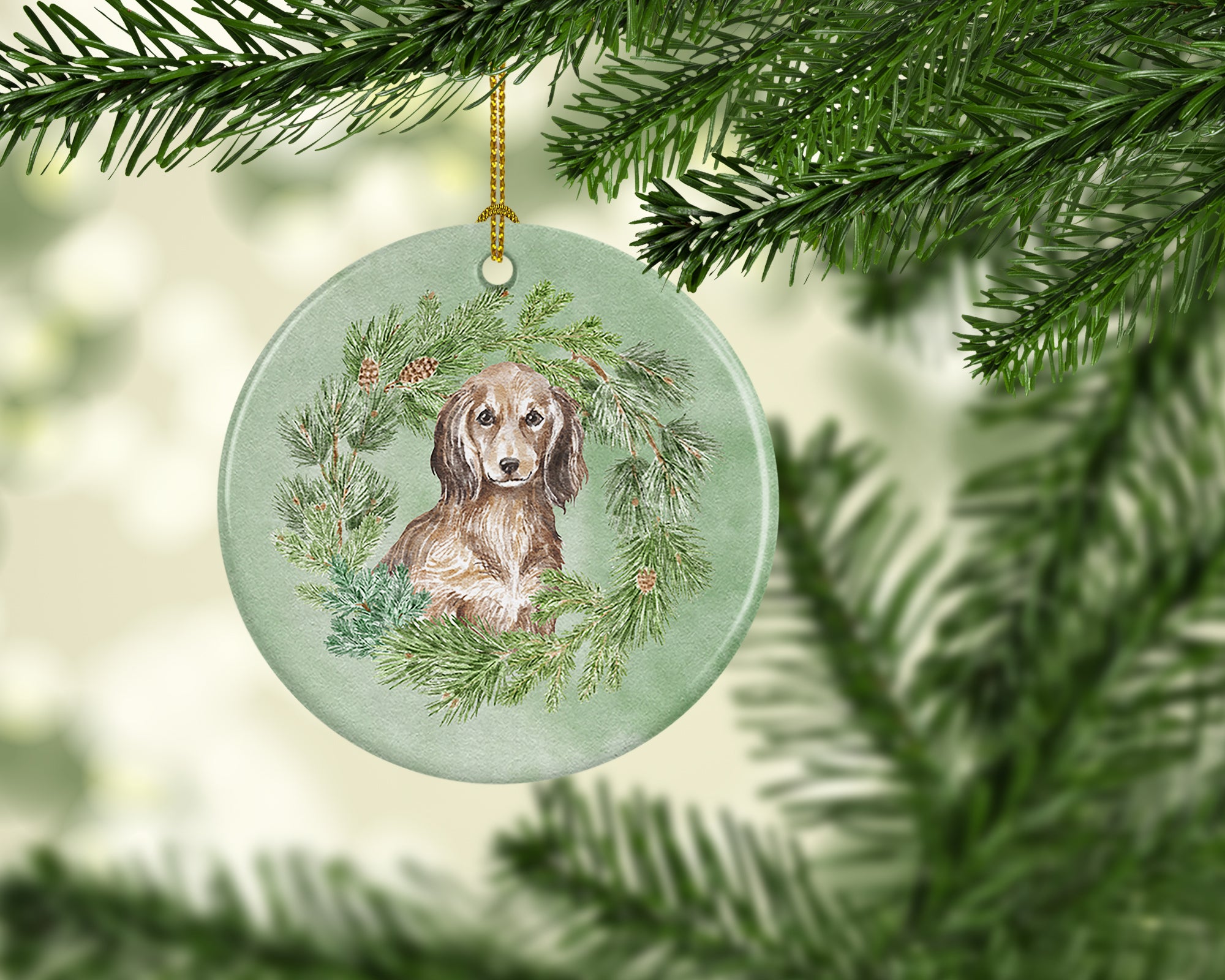 Buy this Dachshund Sable Longhaired Christmas Wreath Ceramic Ornament