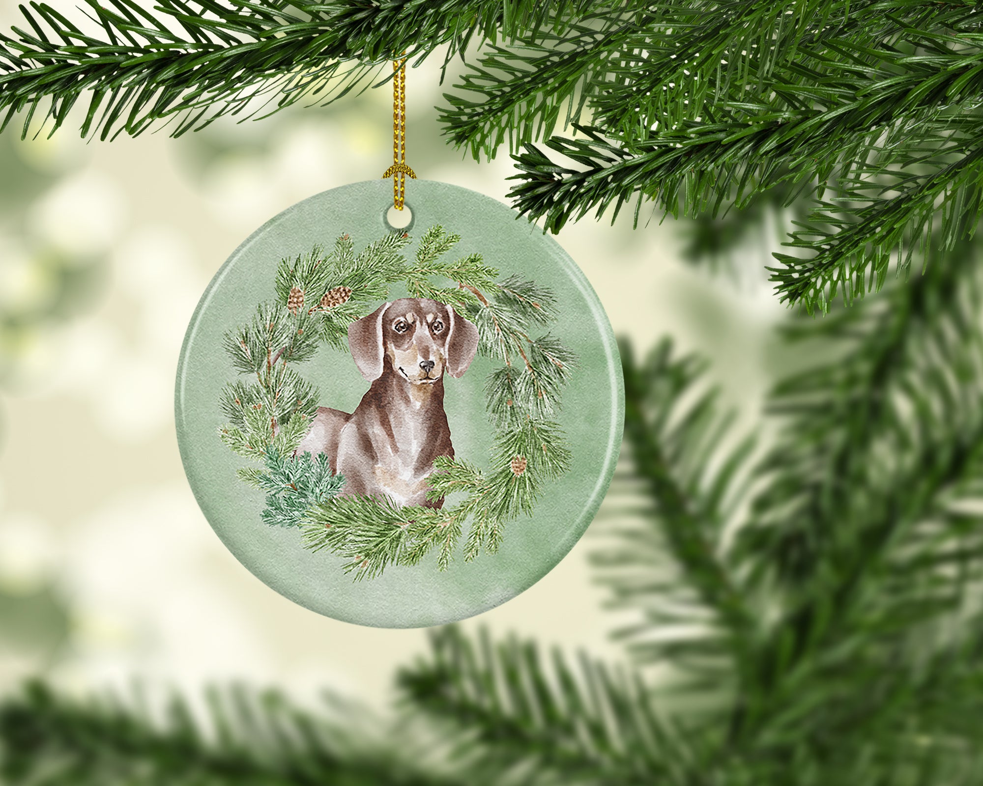 Buy this Dachshund Chocolate and Tan Christmas Wreath Ceramic Ornament