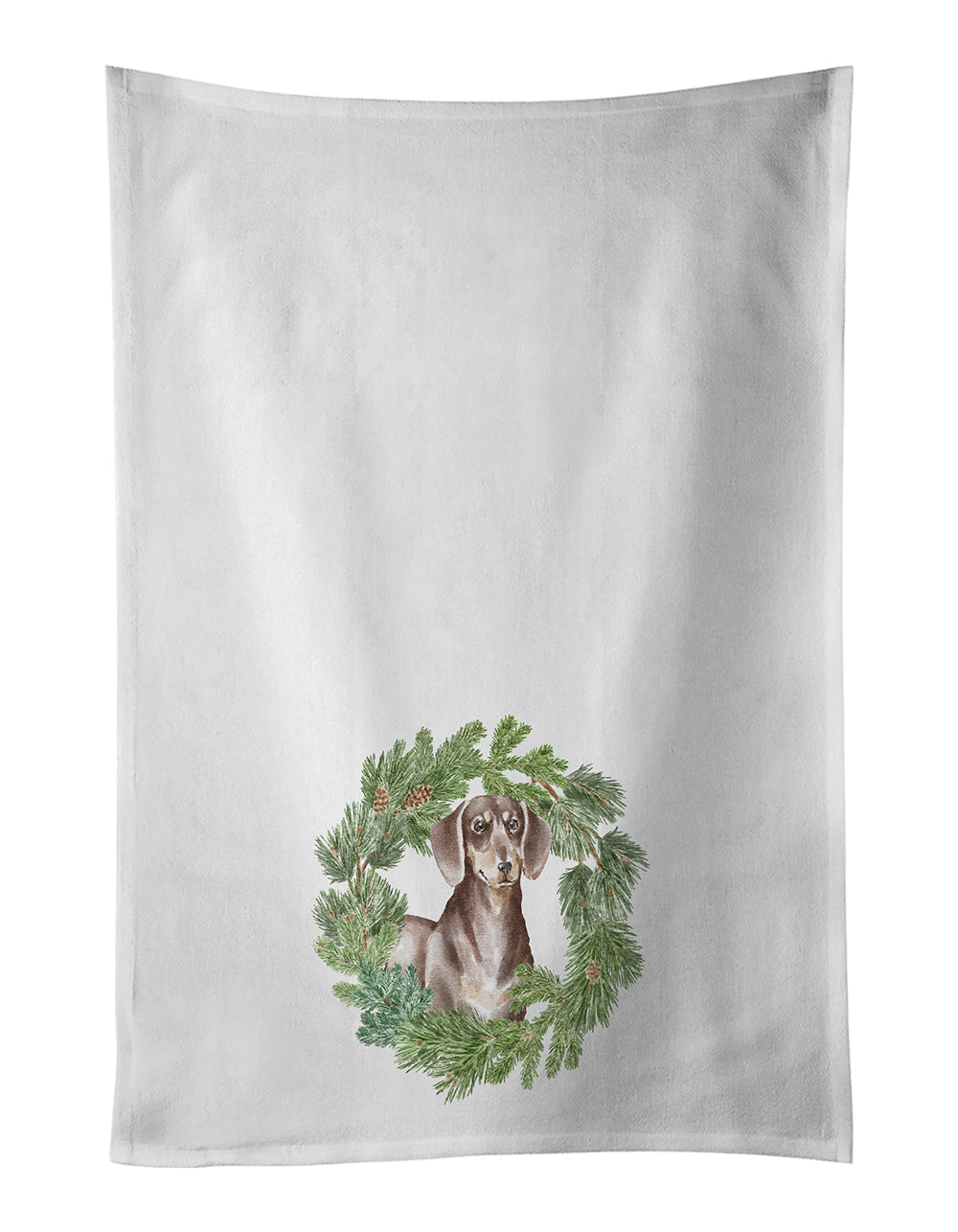 Buy this Dachshund Chocolate and Tan Christmas Wreath White Kitchen Towel Set of 2