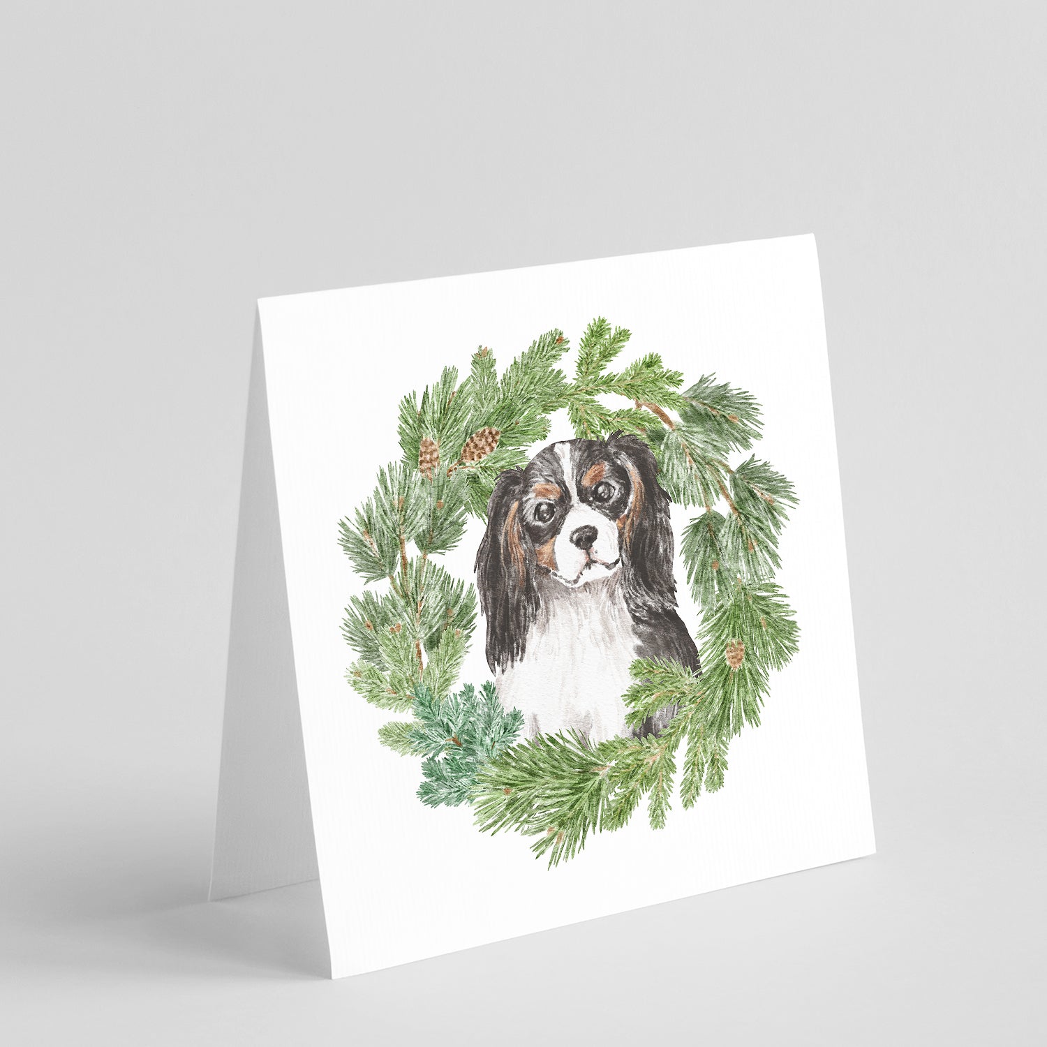 Buy this Cavalier King Charles Spaniel Tricolor Head Tilt with Christmas Wreath Square Greeting Cards and Envelopes Pack of 8