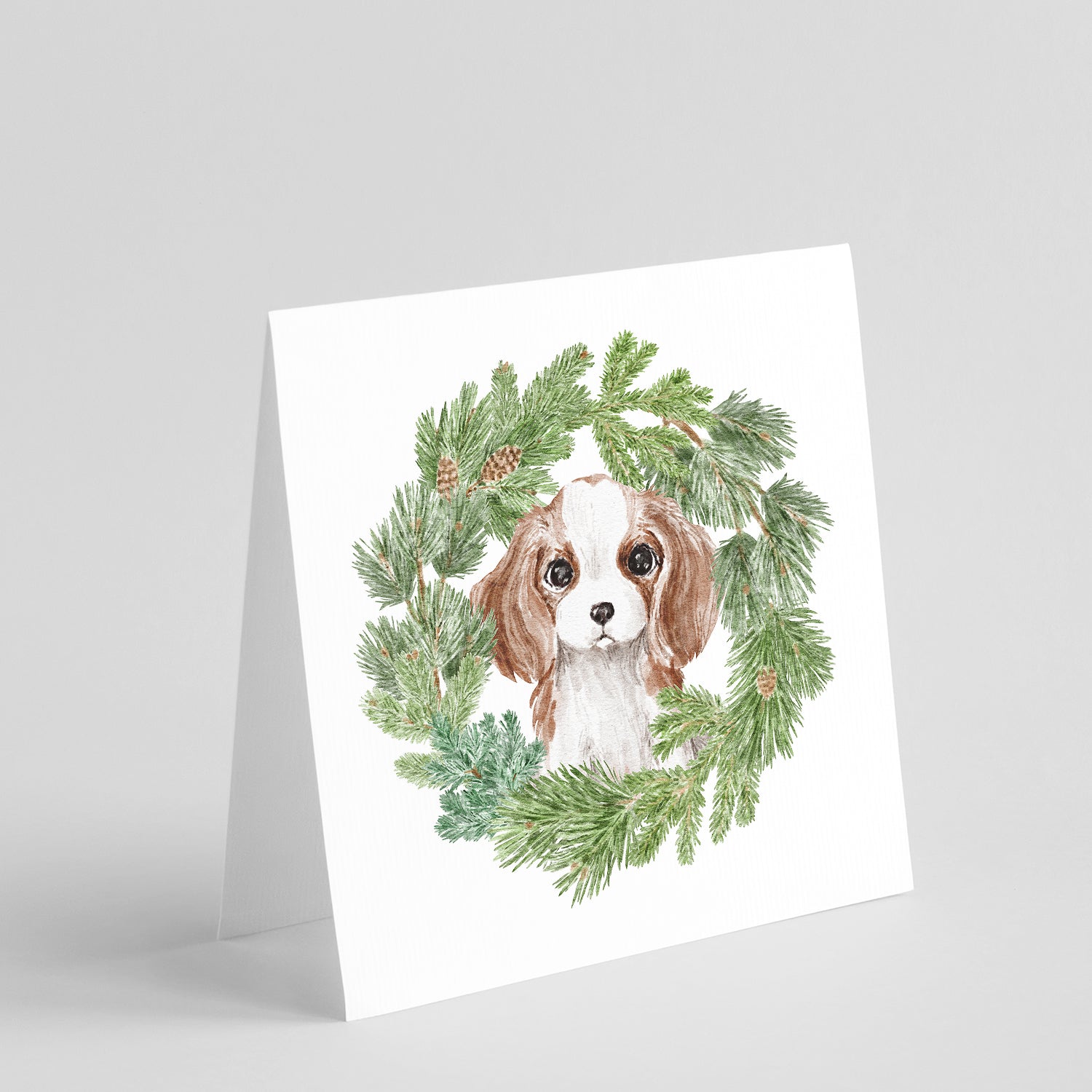 Buy this Cavalier King Charles Spaniel Puppy Blenheim with Christmas Wreath Square Greeting Cards and Envelopes Pack of 8