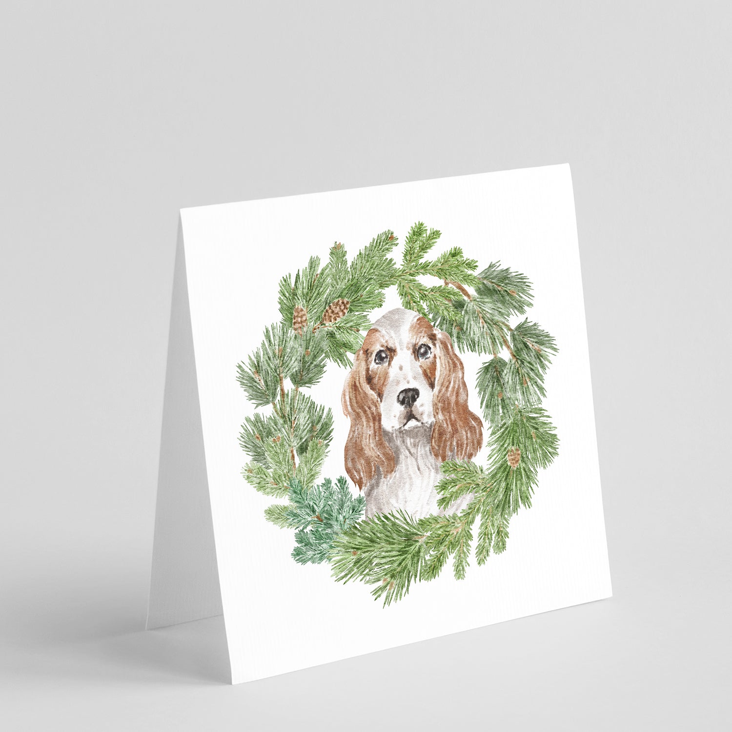 Buy this Cocker Spaniel Red and White with Christmas Wreath Square Greeting Cards and Envelopes Pack of 8