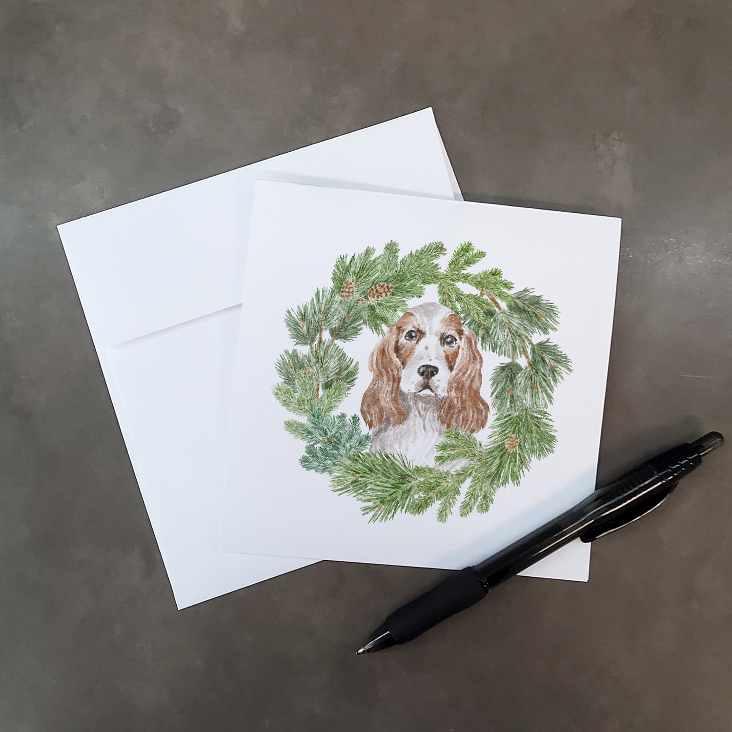 Cocker Spaniel Red and White with Christmas Wreath Square Greeting Cards and Envelopes Pack of 8 - the-store.com