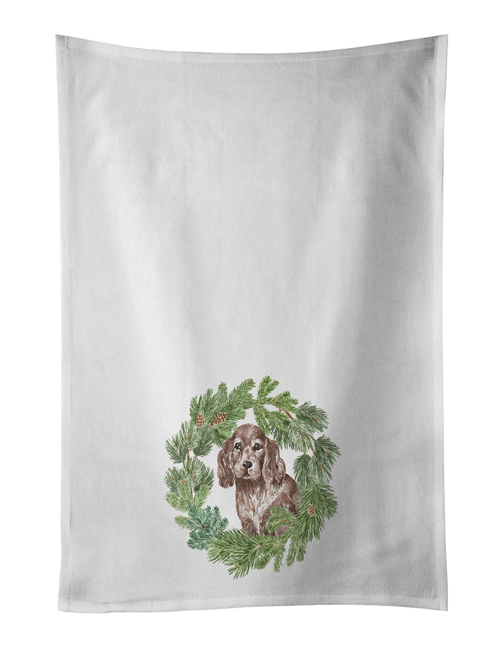 Buy this Cocker Spaniel Puppy Liver Christmas Wreath White Kitchen Towel Set of 2