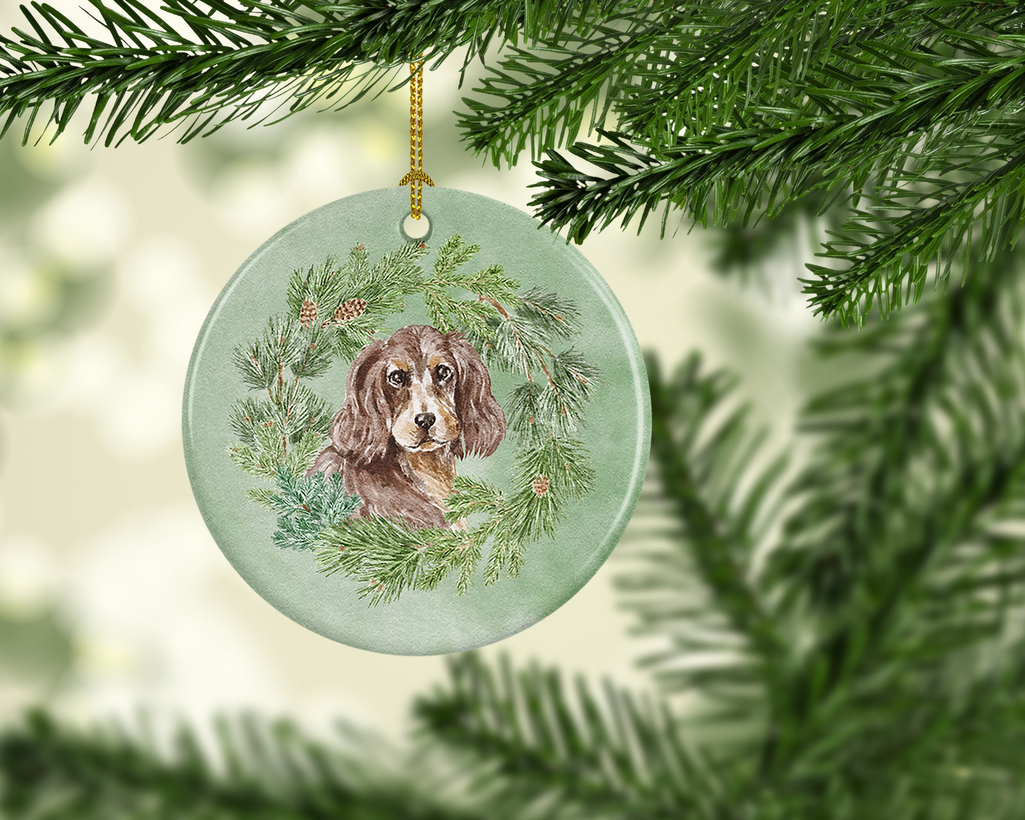 Cocker Spaniel Liver and Tan Christmas Wreath Ceramic Ornament - the-store.com