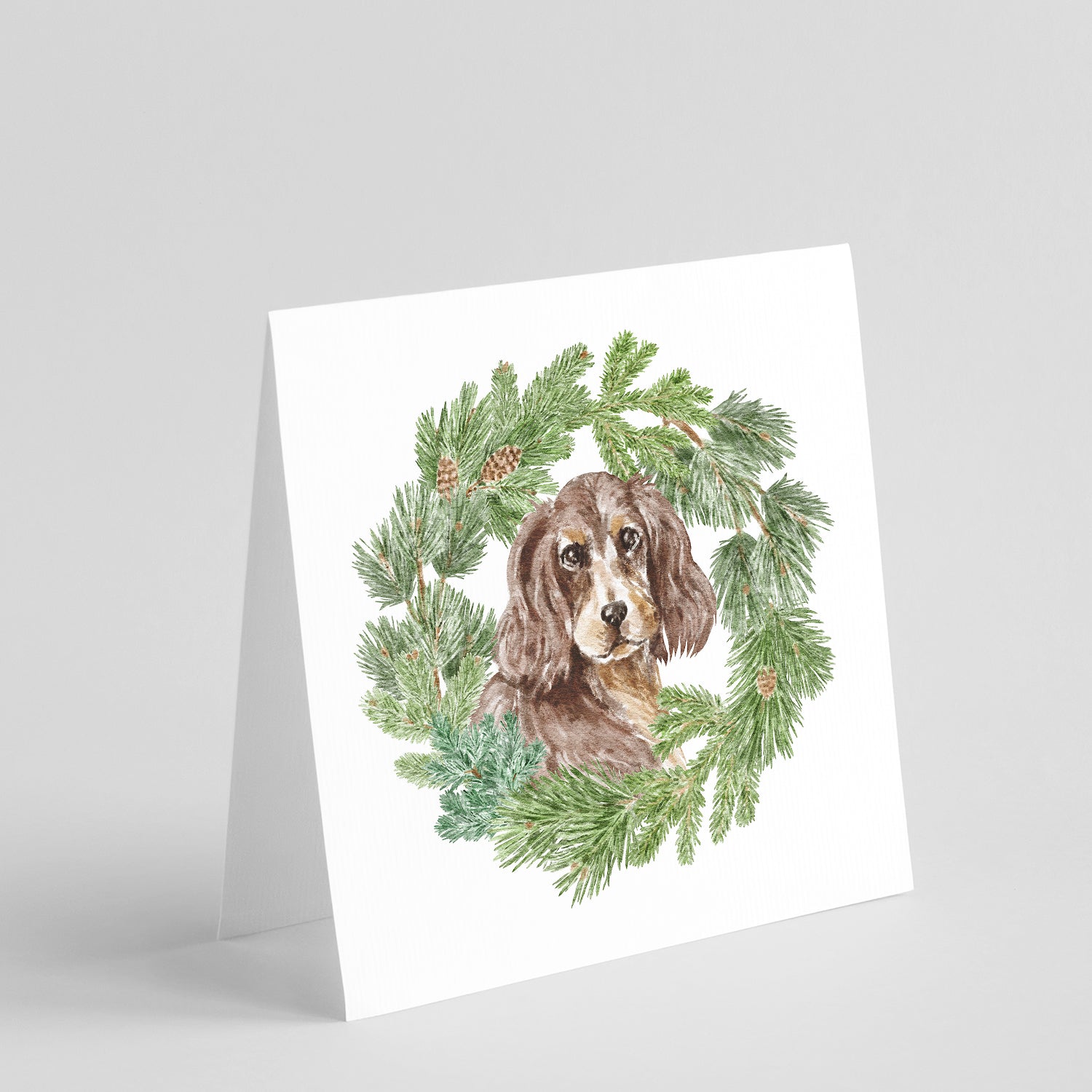 Buy this Cocker Spaniel Liver and Tan with Christmas Wreath Square Greeting Cards and Envelopes Pack of 8