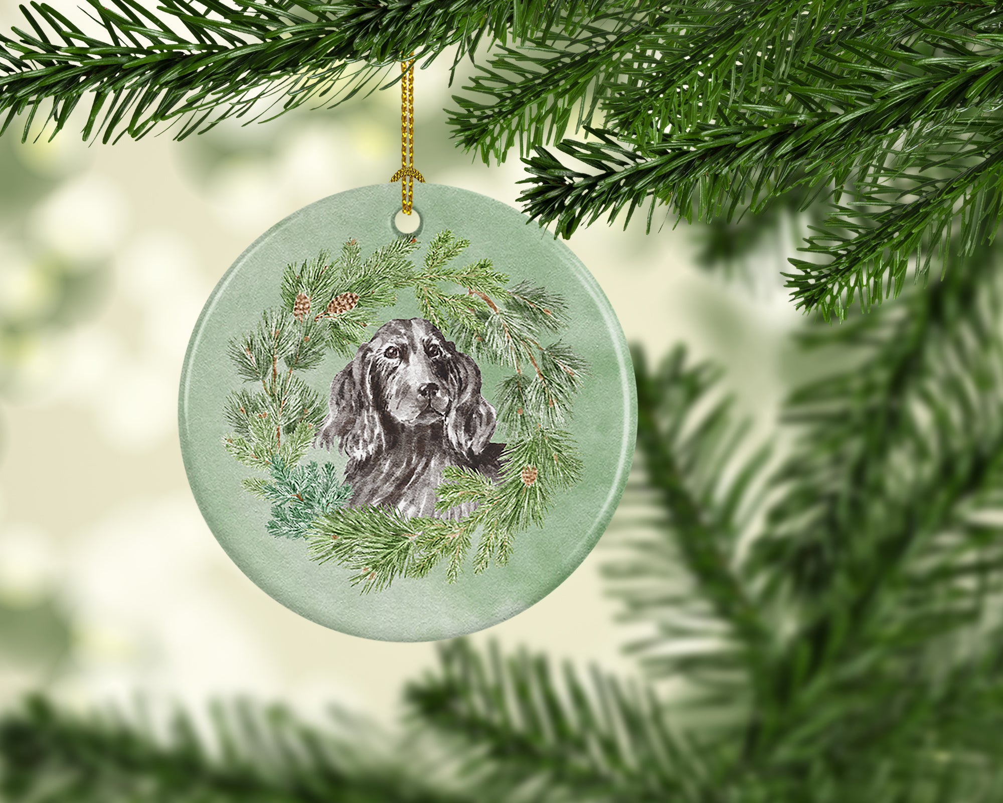 Cocker Spaniel Black Christmas Wreath Ceramic Ornament - the-store.com