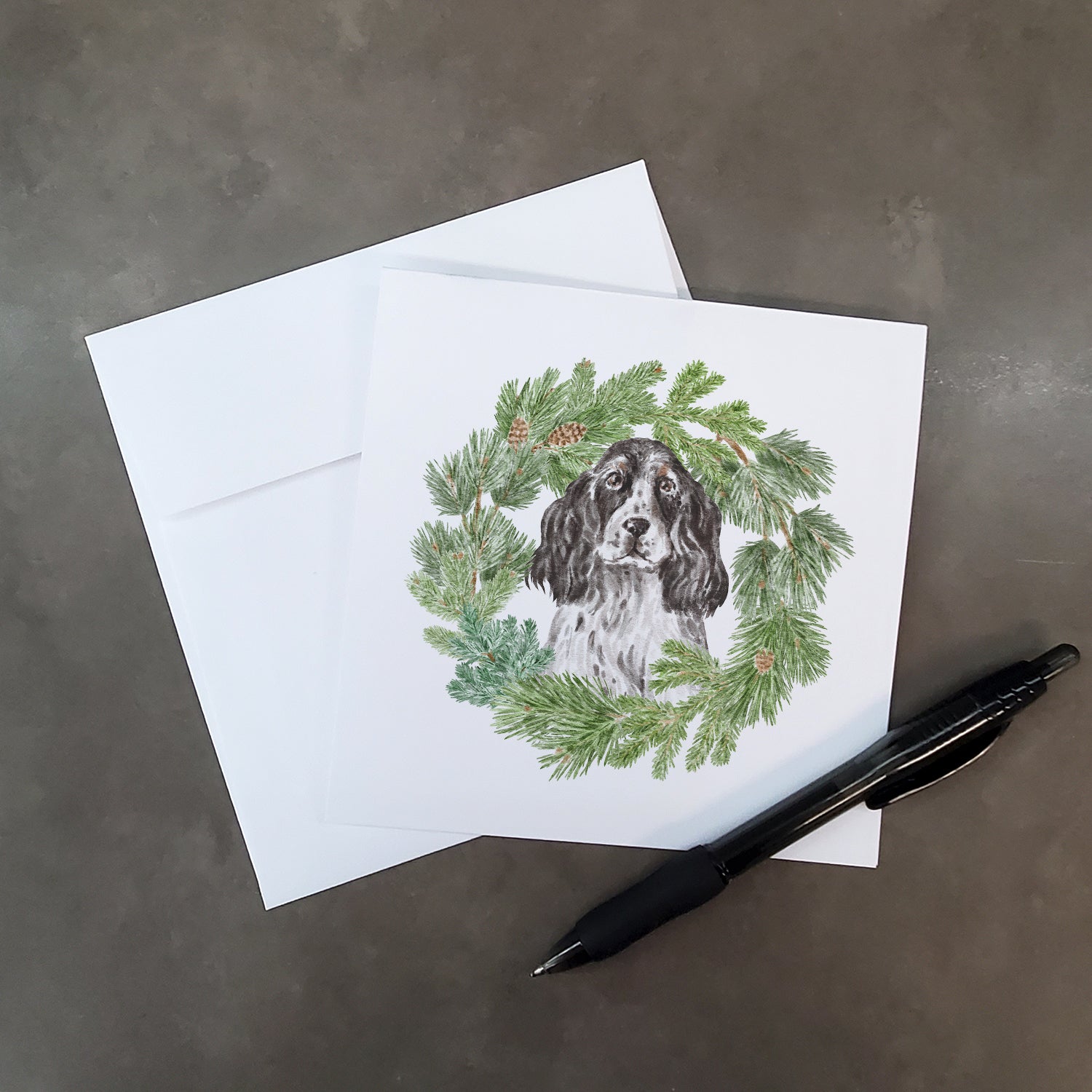 Buy this Cocker Spaniel Black and White Ticked with Christmas Wreath Square Greeting Cards and Envelopes Pack of 8