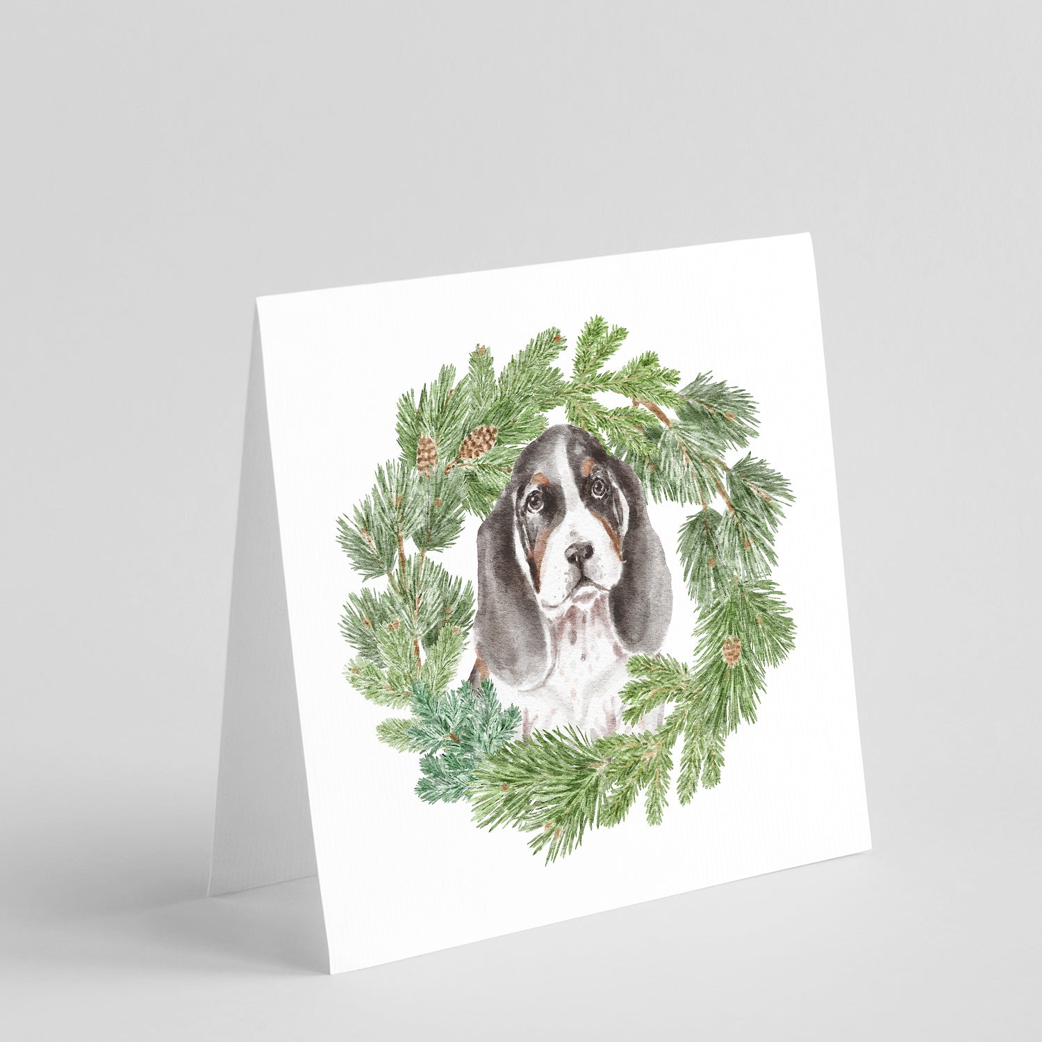 Buy this Basset Hound Puppy Tricolor with Christmas Wreath Square Greeting Cards and Envelopes Pack of 8